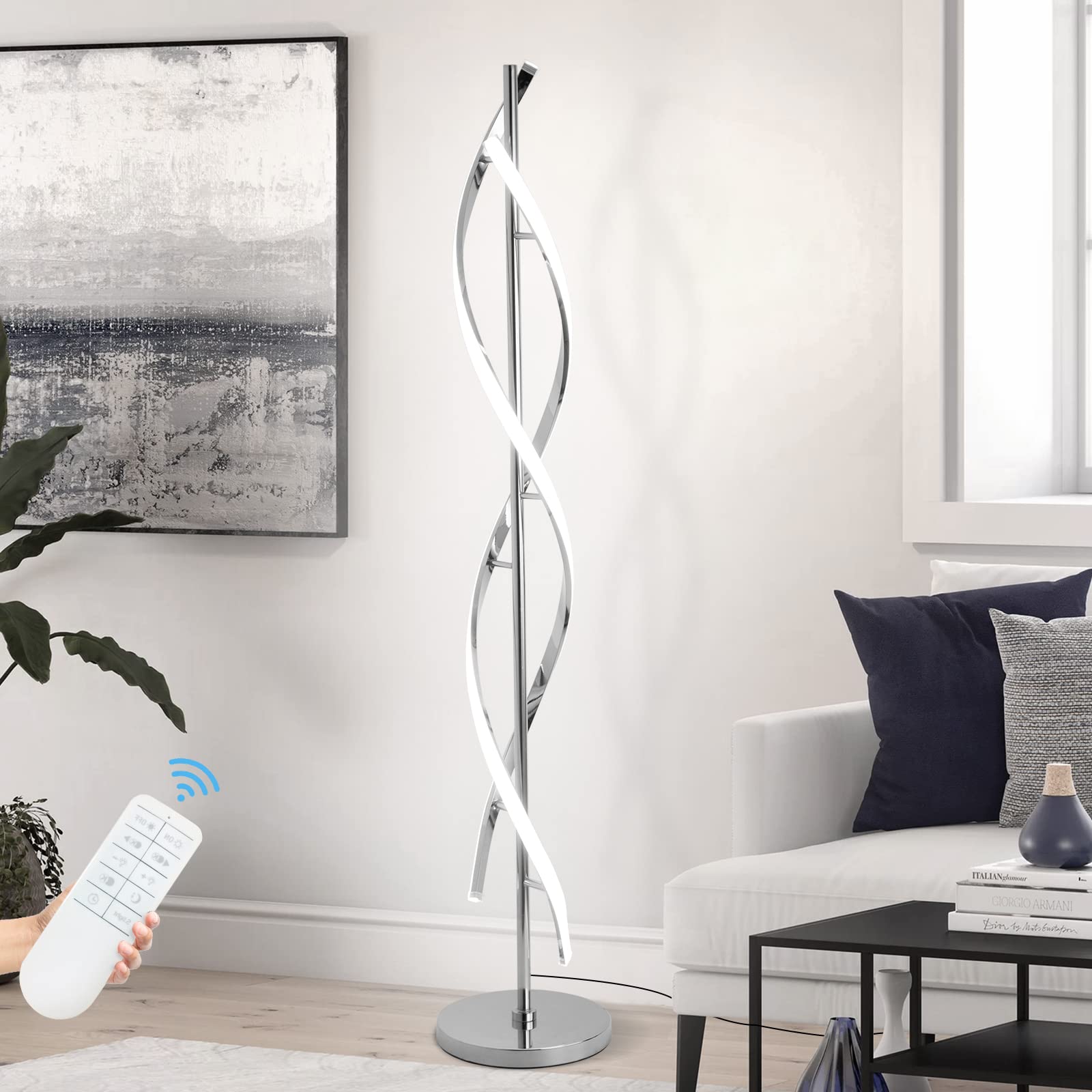 LED Modern Floor Lamp for Living Room, 40W 3 Colors Stepless Dimmable and Color-Changing Bright Floor Standing Lamp,60" Unique Spiral Floor Tall Lamp for Bedroom Office with Remote,Chrome