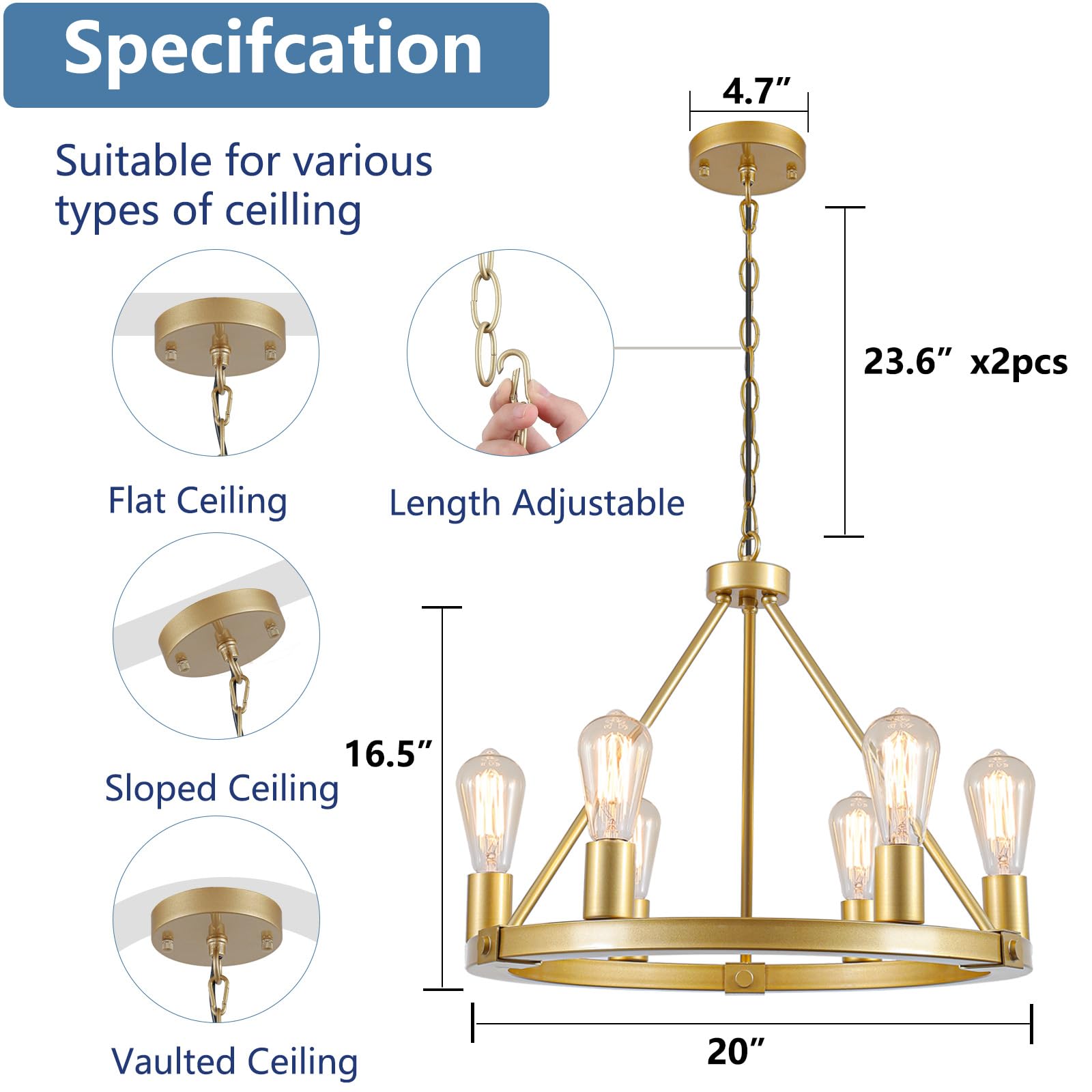 Gold Wagon Wheel Chandelier, 12-Light Industrial Pendant Light, 31.5'' Farmhouse Ceiling Hanging Chandelier Light Fixture for Living Room, Bedroom, Entryway, Foyer