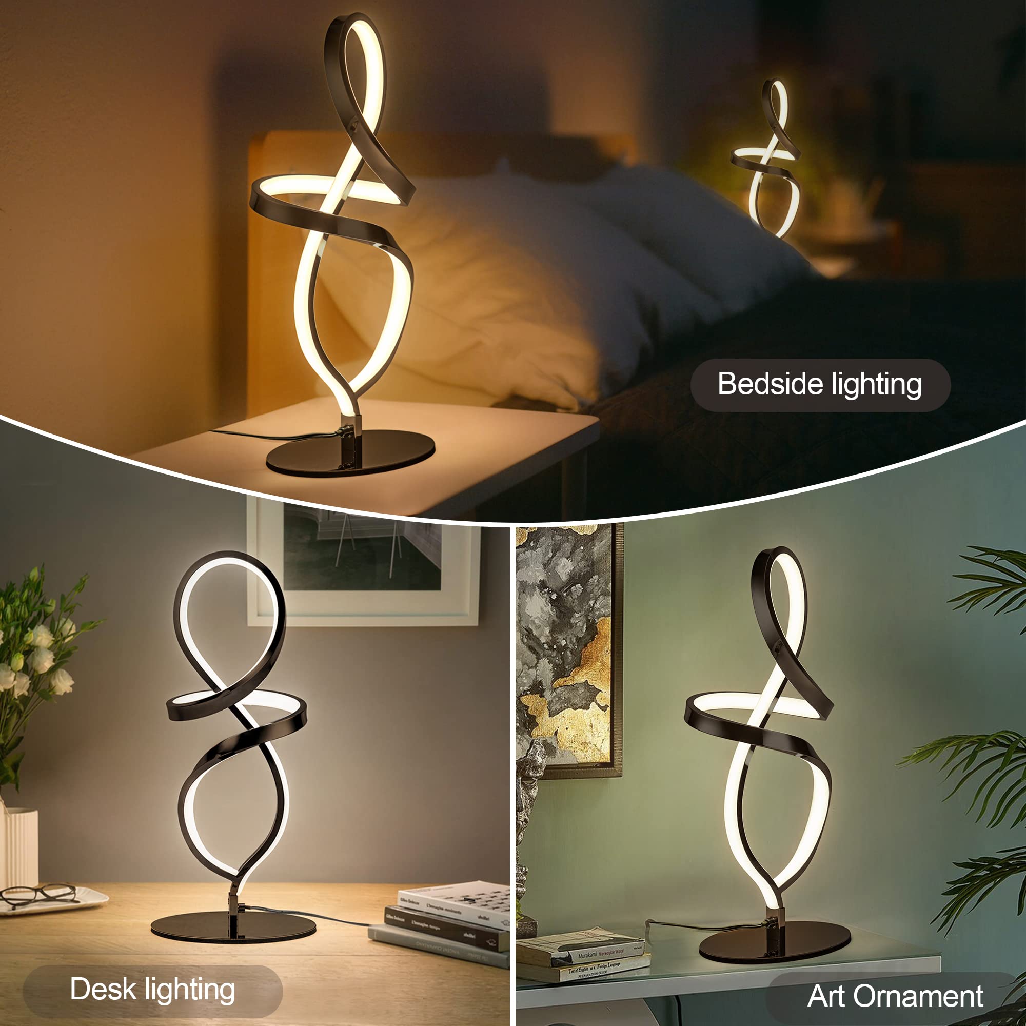 Modern Table Lamp, LED Spiral Lamp, Black Bedside Lamp with Stepless Dimming Switch, Contemporary Nightstand Lamp, LED Lamp for Bedroom Living Room Home Office, 12W, 3200K Warm White