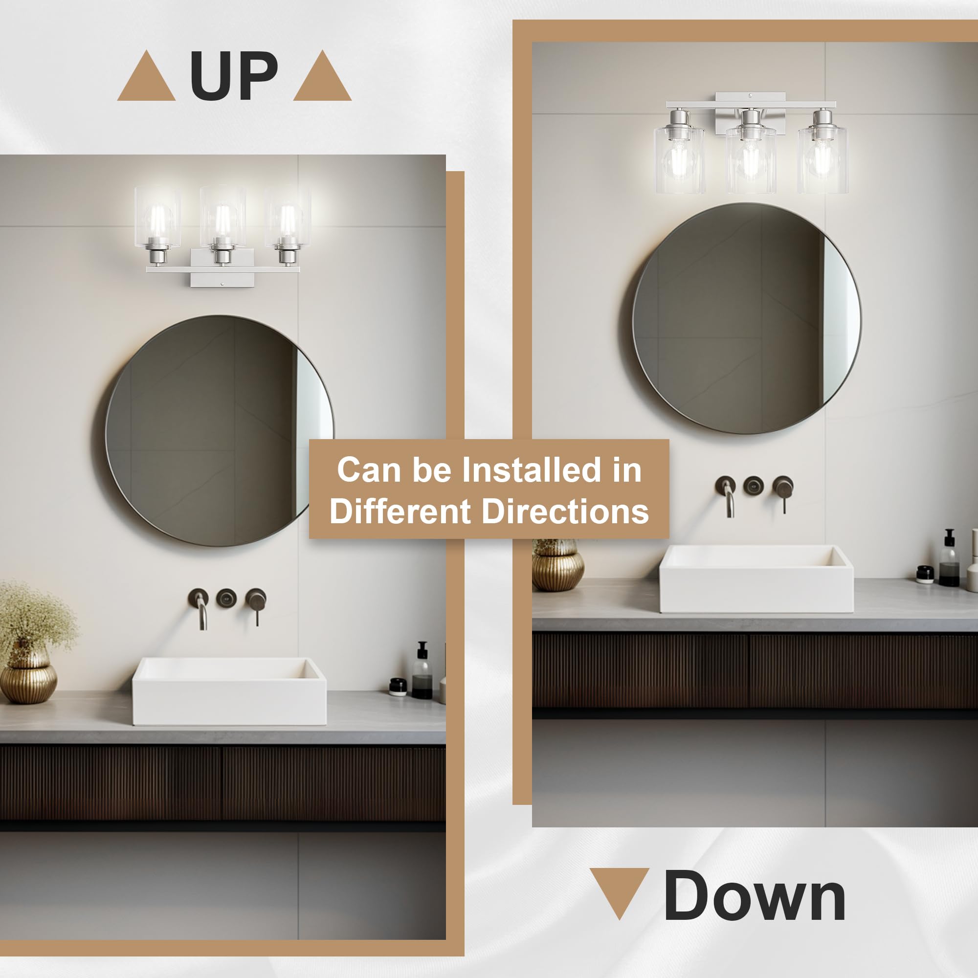 Bathroom Lighting Fixtures Over Mirror Brushed Nickel, Rustproof 3-Light Vanity Lights for Bathroom, 18Inches Modern Wall Sconces E26 Base, Transparent Clear Glass Shades, Bulbs Not Included