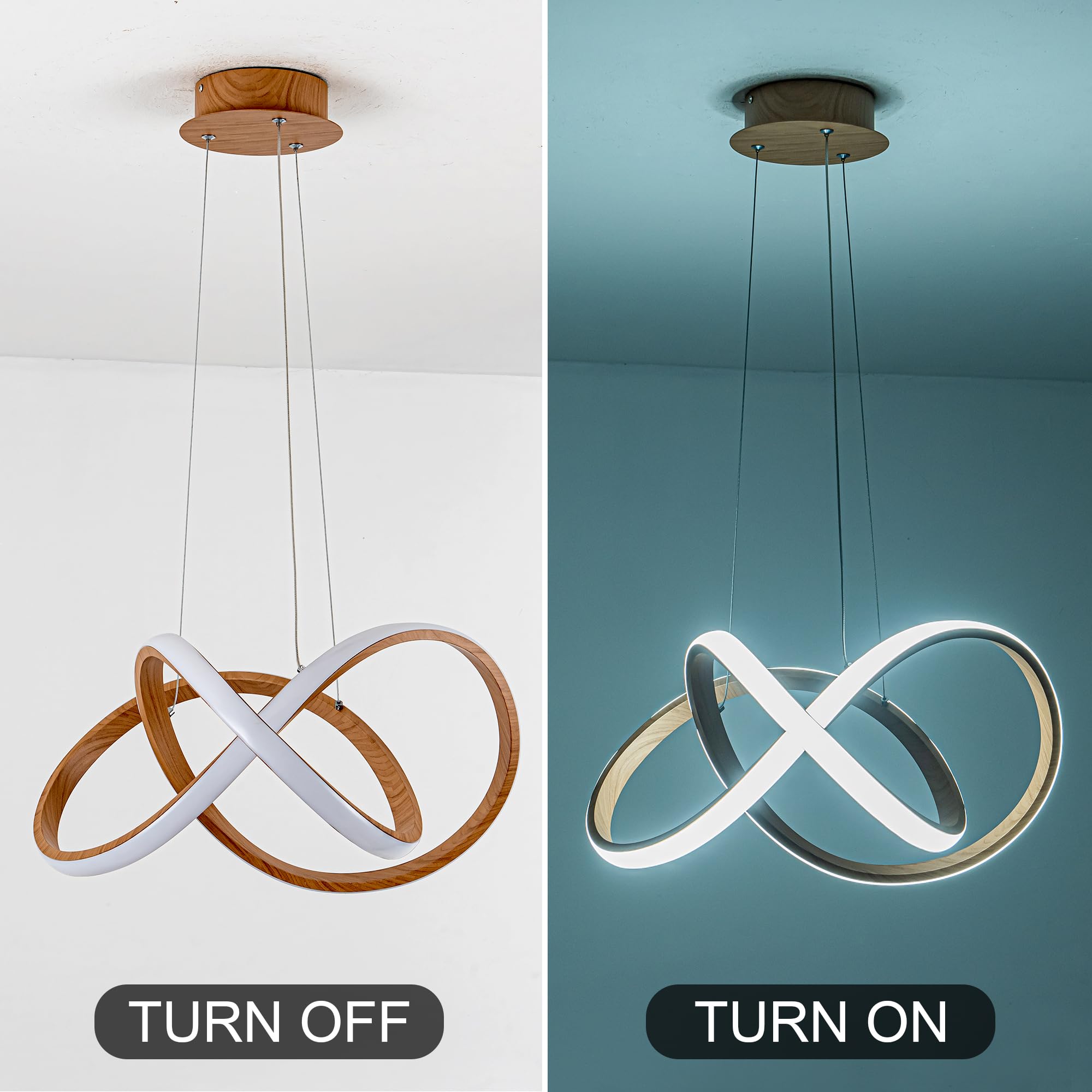 Modern LED Chandelier, LED Pendant Light in Wood Finish, Adjustable Height Chandeliers with Irregular Ring, Modern Chandeliers for Dining Room Kitchen Island Living Room Bedroom, 6000K Daylight