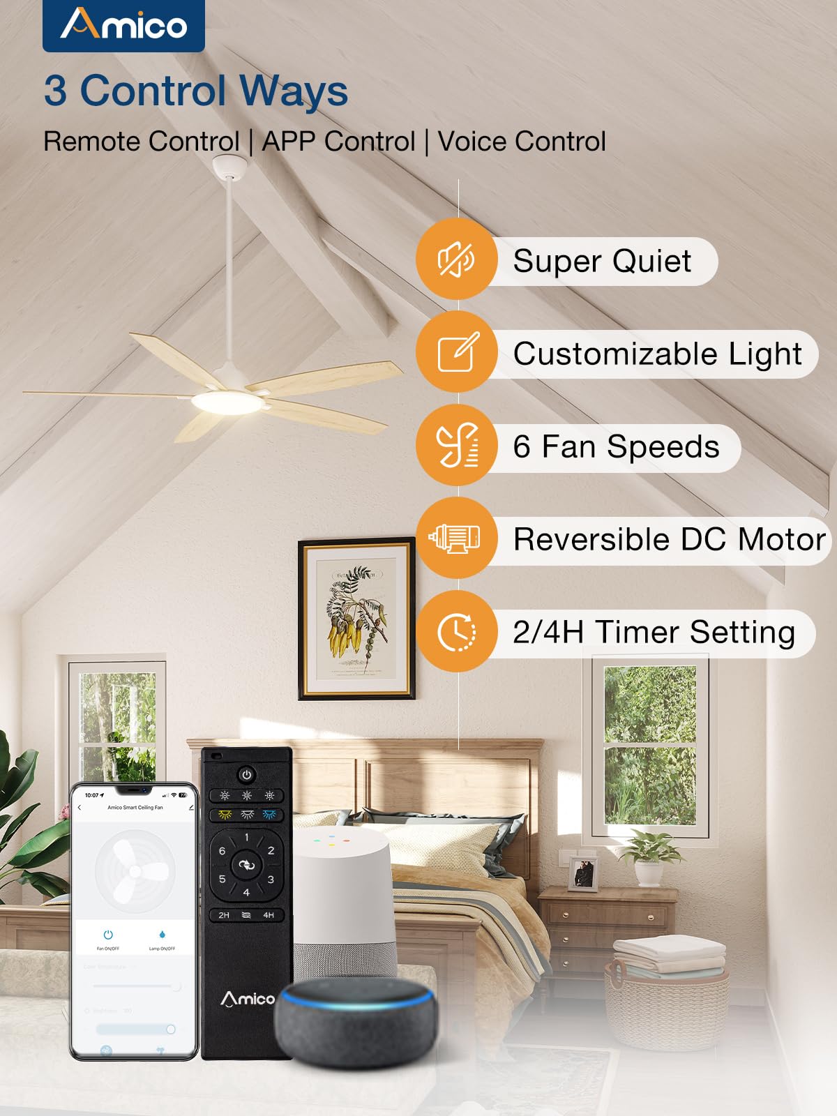 Ceiling Fans with Lights, 52 inch Smart Ceiling Fan with Remote/APP/Alexa Control, Reversible DC Motor, 5 Blades, 6 Speeds, 3CCT, Dimmable, Noiseless, Wifi Ceiling Fan for Bedroom, Farmhouse