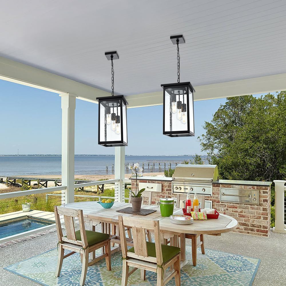 3-Lights Large Outdoor Pendant Light, Black Porch Ceiling Lighting Fixtures with Seeded Glass Panel, Exterior Hanging Lantern Adjustable Chain for Yard Entryway Patio