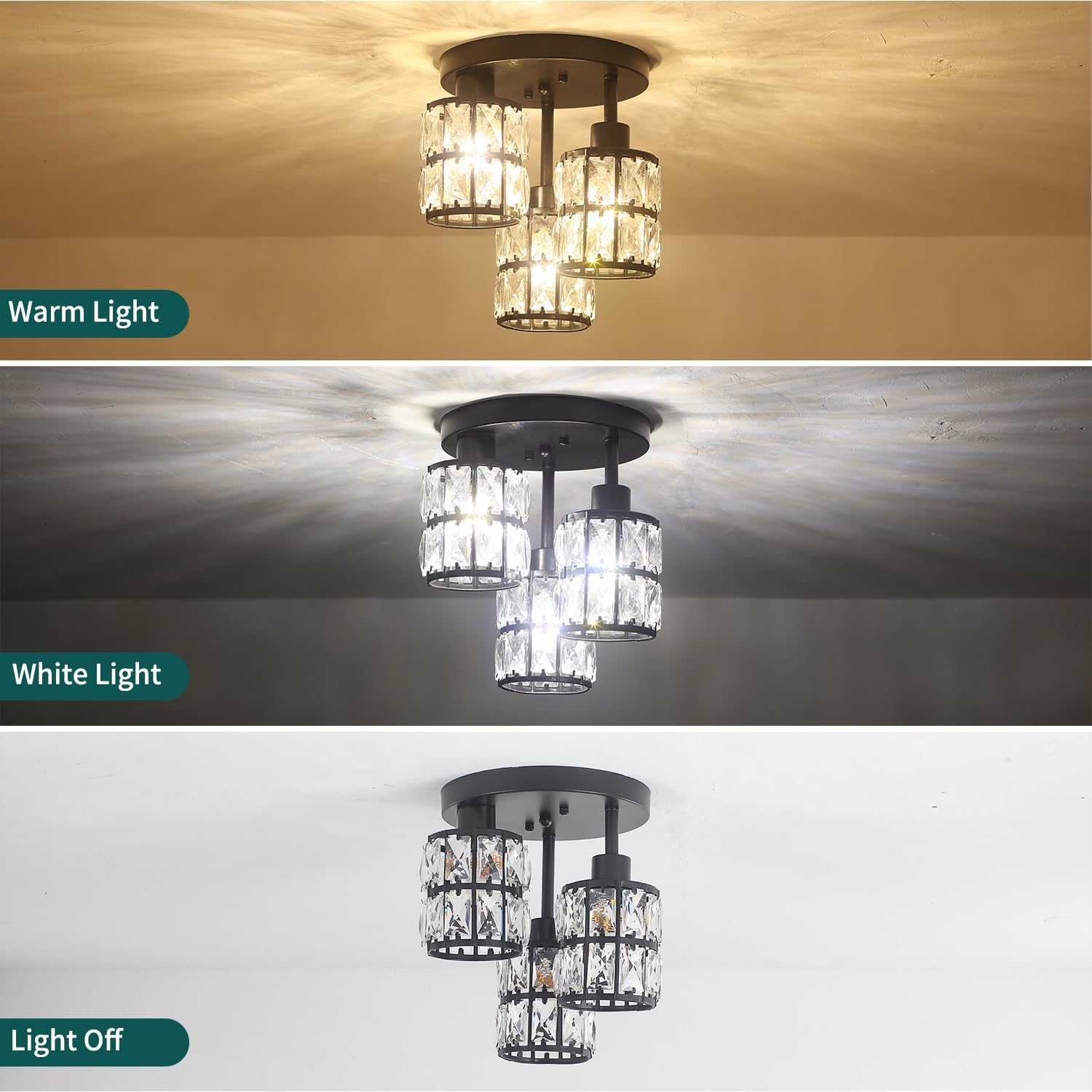 Crystal Semi Flush Mount Ceiling Light, 3-Light Close to Ceiling Light Fixture Black Small Crystal Ceiling Lighting Modern Crystal Chandeliers for Kitchen Dining Room Entryway Bedroom Hallway