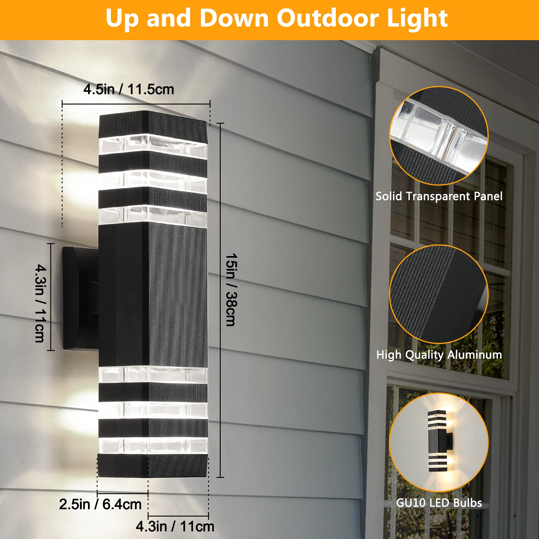 1 Pack 12In Square Up and Down Outdoor Wall Lights, Modern Black Exterior Light Fixture Aluminum Waterproof Porch Lights Outdoor Wall Mount Lamp for House Porch Garage, 3000K Warm White