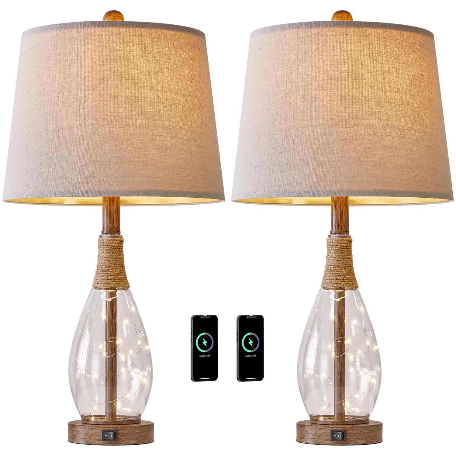 23" Table Lamps for Living Room Set of 2 Bedside Lamps for Night Stands Bedroom Lamps Farmhouse Rattan Boho Lamp Glass Nightlight End Table Lamp with USB C+A (White)