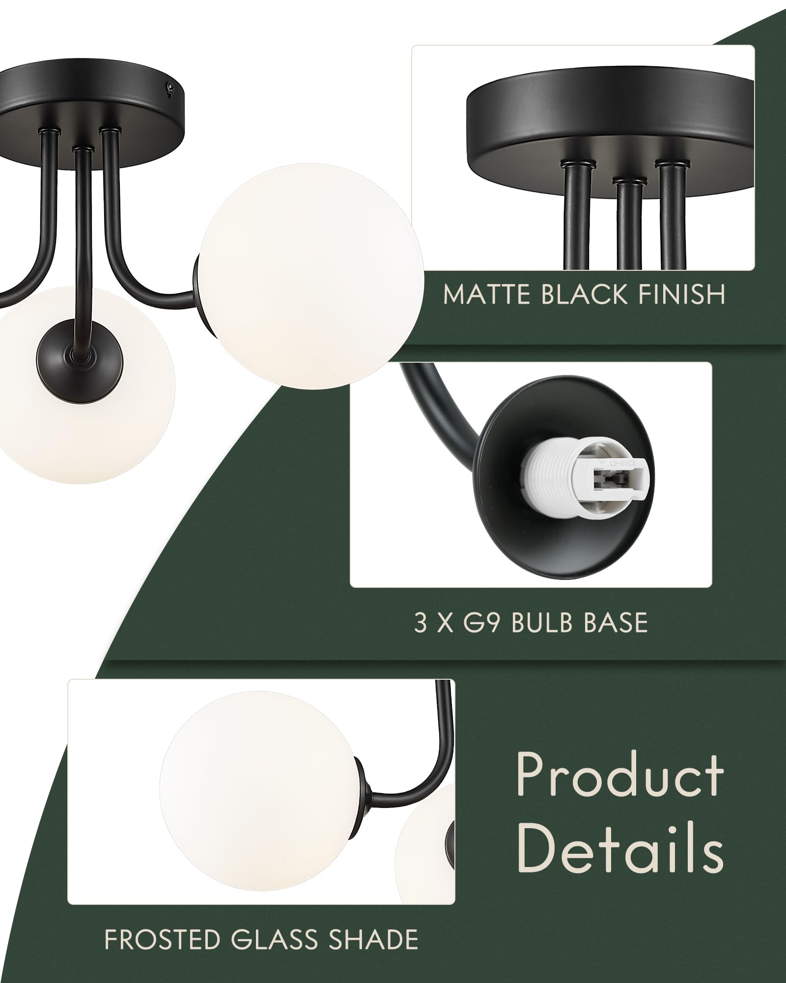 3-Light Black Ceiling Light Fixture, Industrial Semi Flush Mount Ceiling Light, Ceiling Light with Globe Frosted Glass for Kitchen Bedroom Hallway, CL4845-3W-BK