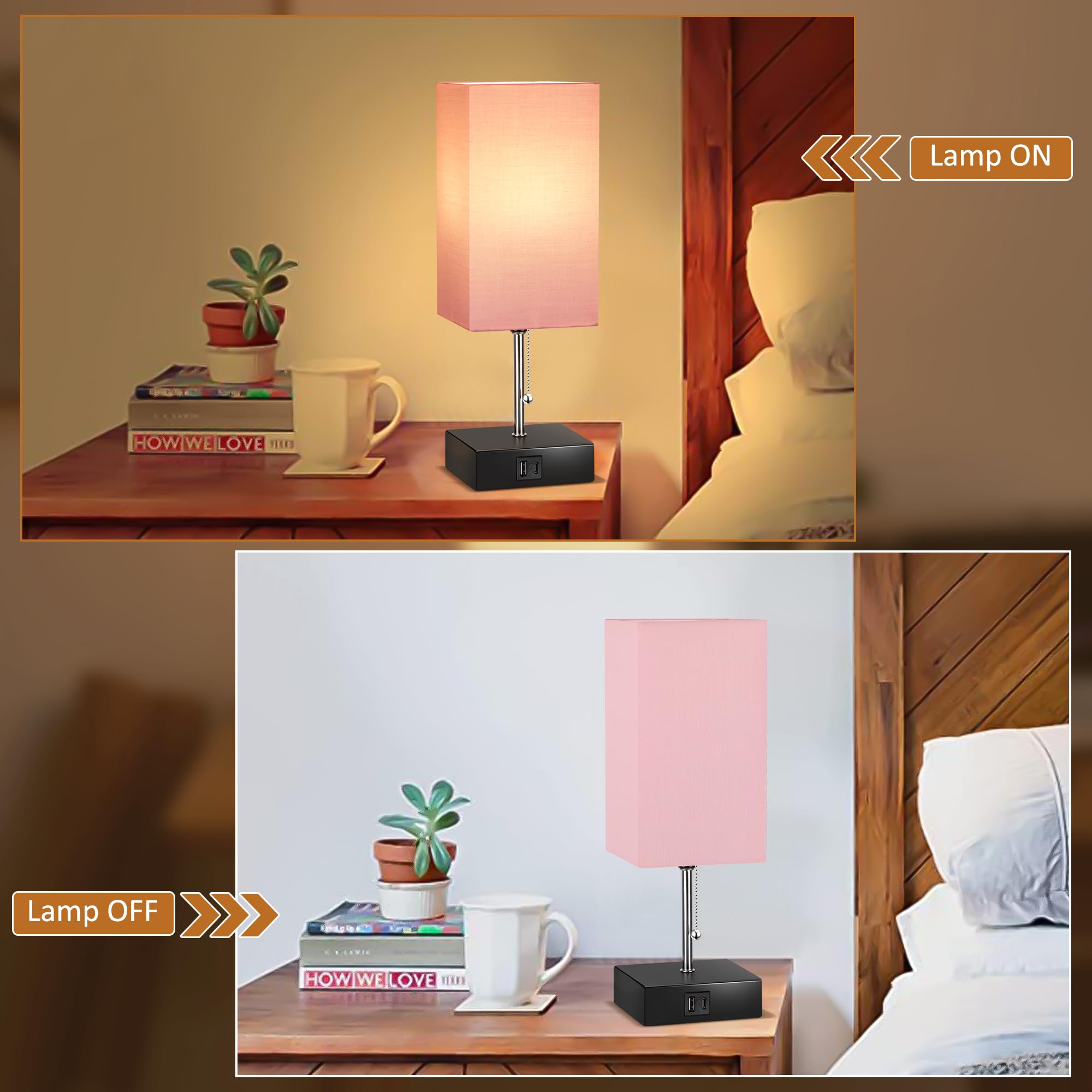 3 Color Temperature Bedside Lamp with USB C and USB A Ports Grey Table Lamps for Bedroom Nightstand Small Lamps Bed Lamp Desk Lamps by Pull Chain (Bulb Included)