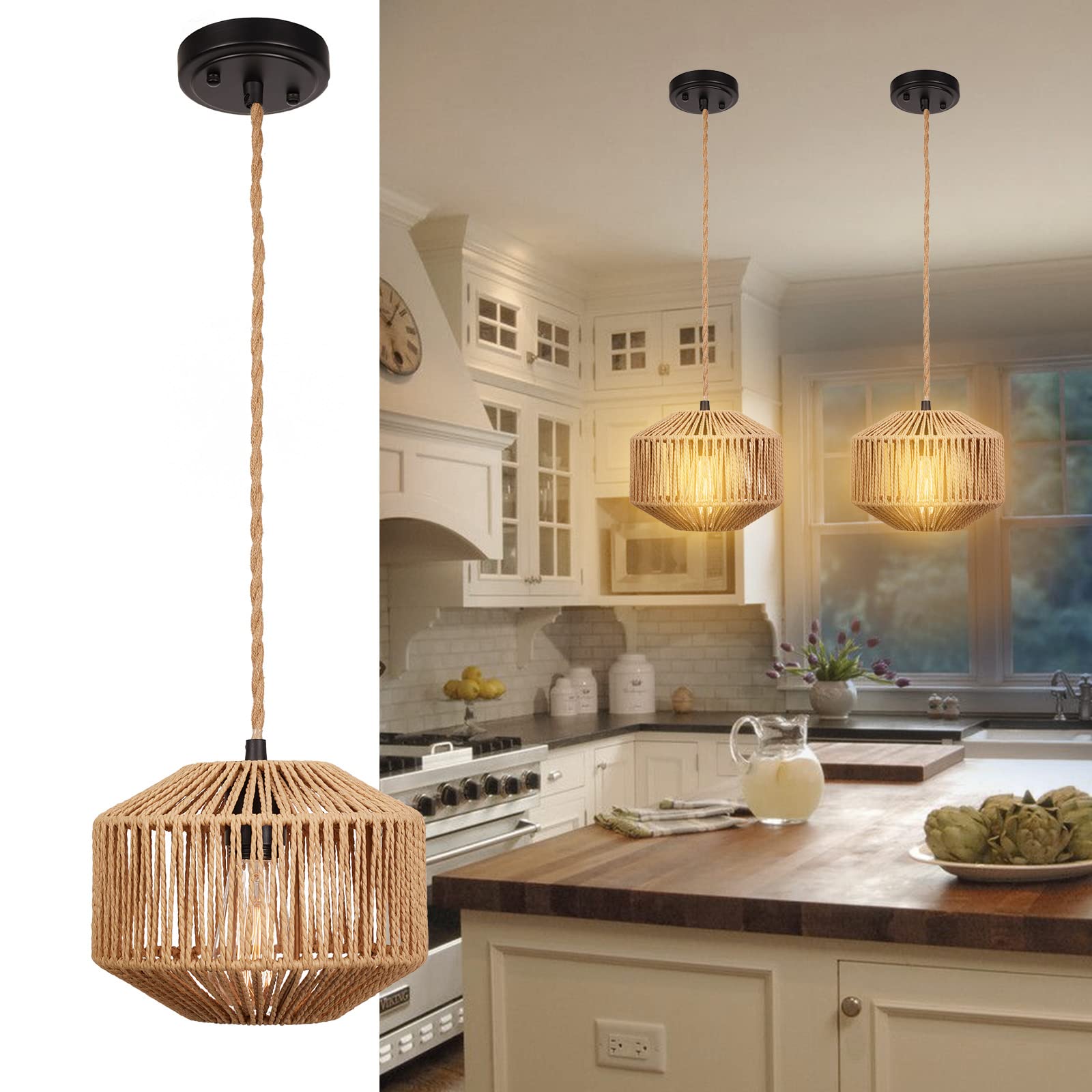 Rustic Farmhouse Bamboo Pendant Light - 18 Inch Large Dome Handwoven Ceiling Mounted Bamboo Chandelier Shades, Coastal Beach Hanging Rattan Light Fixture for Kitchen, Dining, Living Room