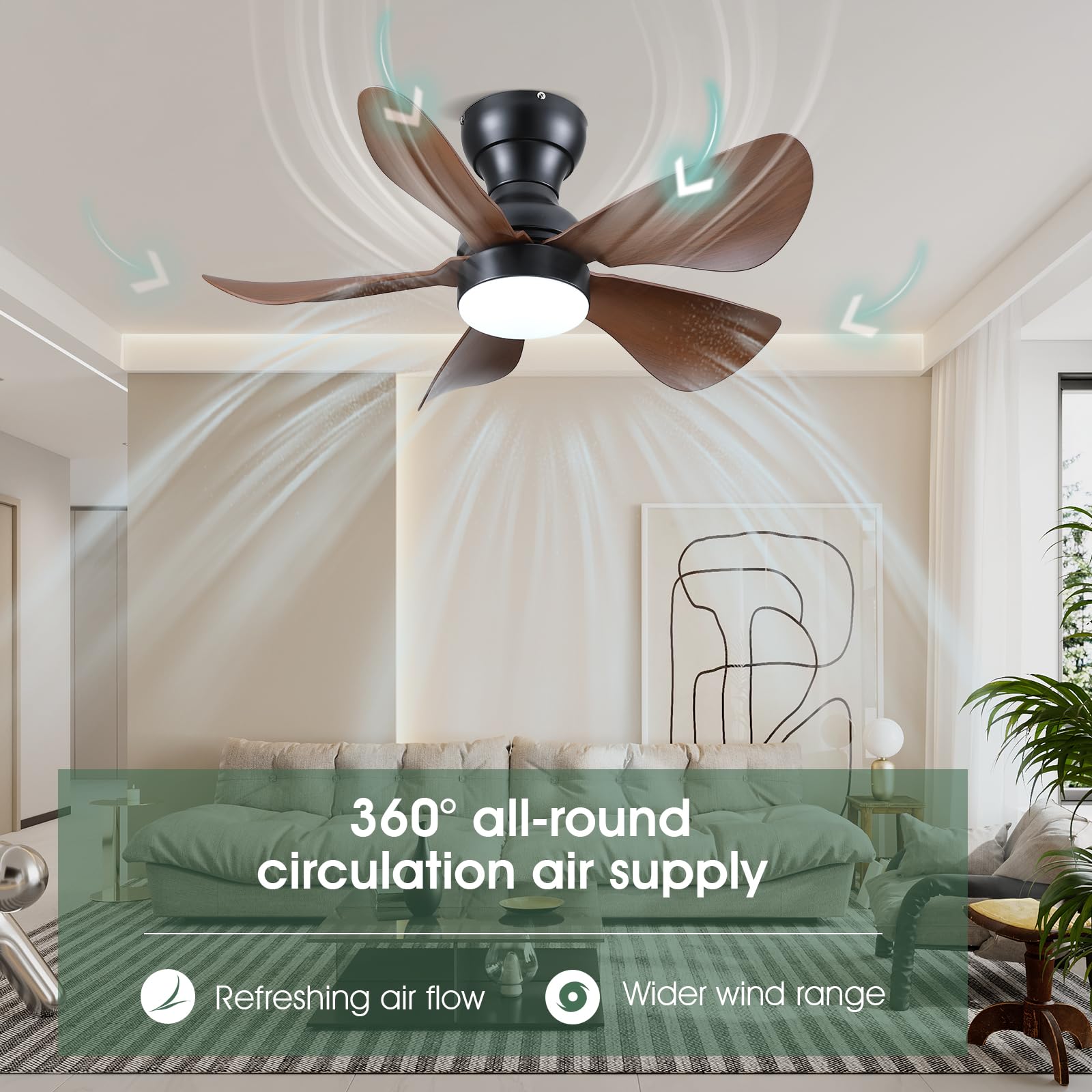 Ceiling Fans with Lights and Remote/APP Control, 30 inch Low Profile Ceiling Fans with 5 Reversible Blades 3 Colors Dimmable 6 Speeds Ceiling Fan for Bedroom Kitchen Dining Room, White