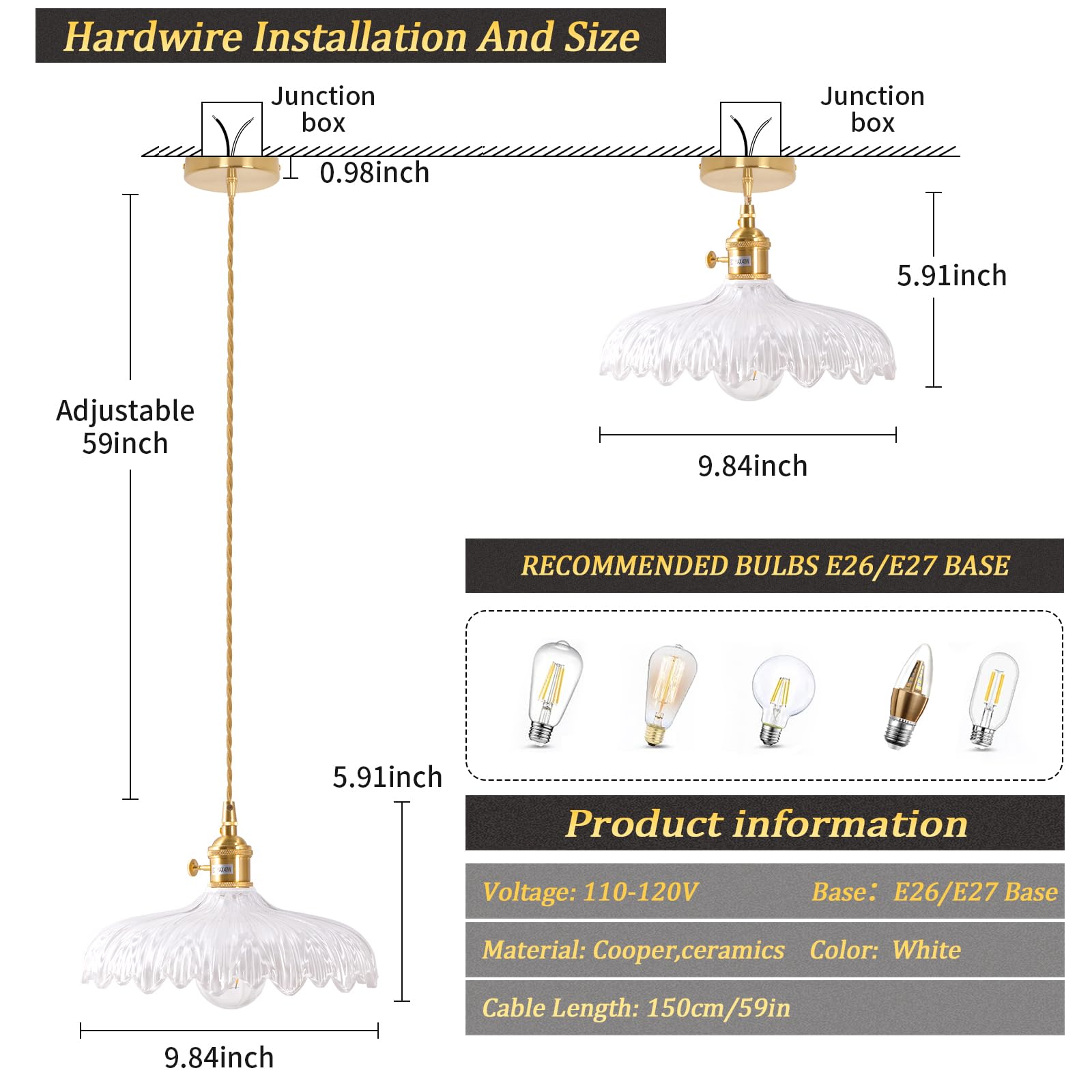 Pendant Light with White Pleated Ceramic Lmapshade, Brass Vintage Pendant Light Adjustable Hanging Light for Kitchen Island Dining Room Hallway 7.87 Inch Diam