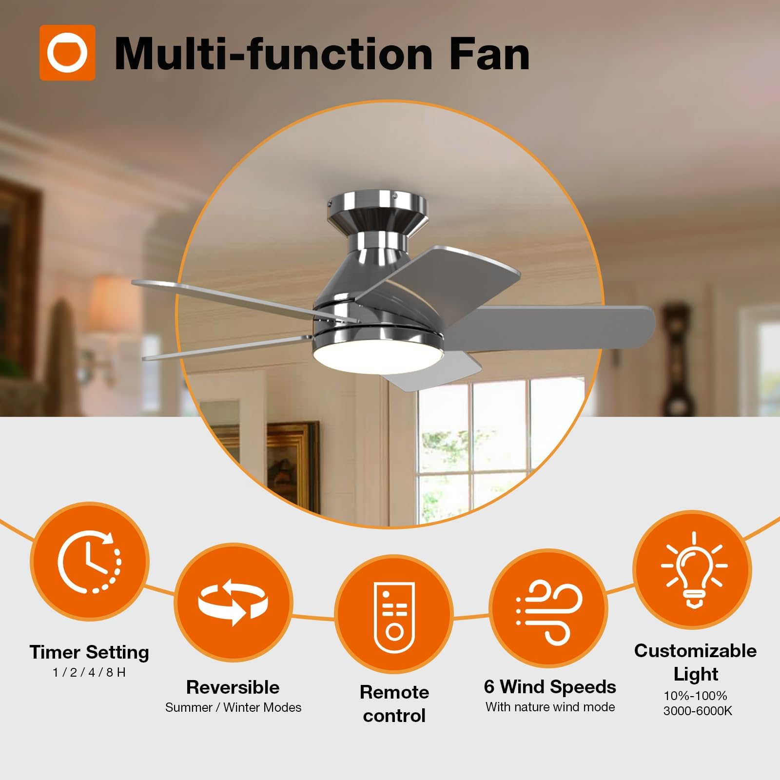 Ceiling Fans with Lights, 42 Inch Low Profile Ceiling Fan with Light and Remote Control, Flush Mount, Reversible, 3CCT, Dimmable, Quiet, Black Small Ceiling Fan for Bedroom Indoor/Outdoor Use