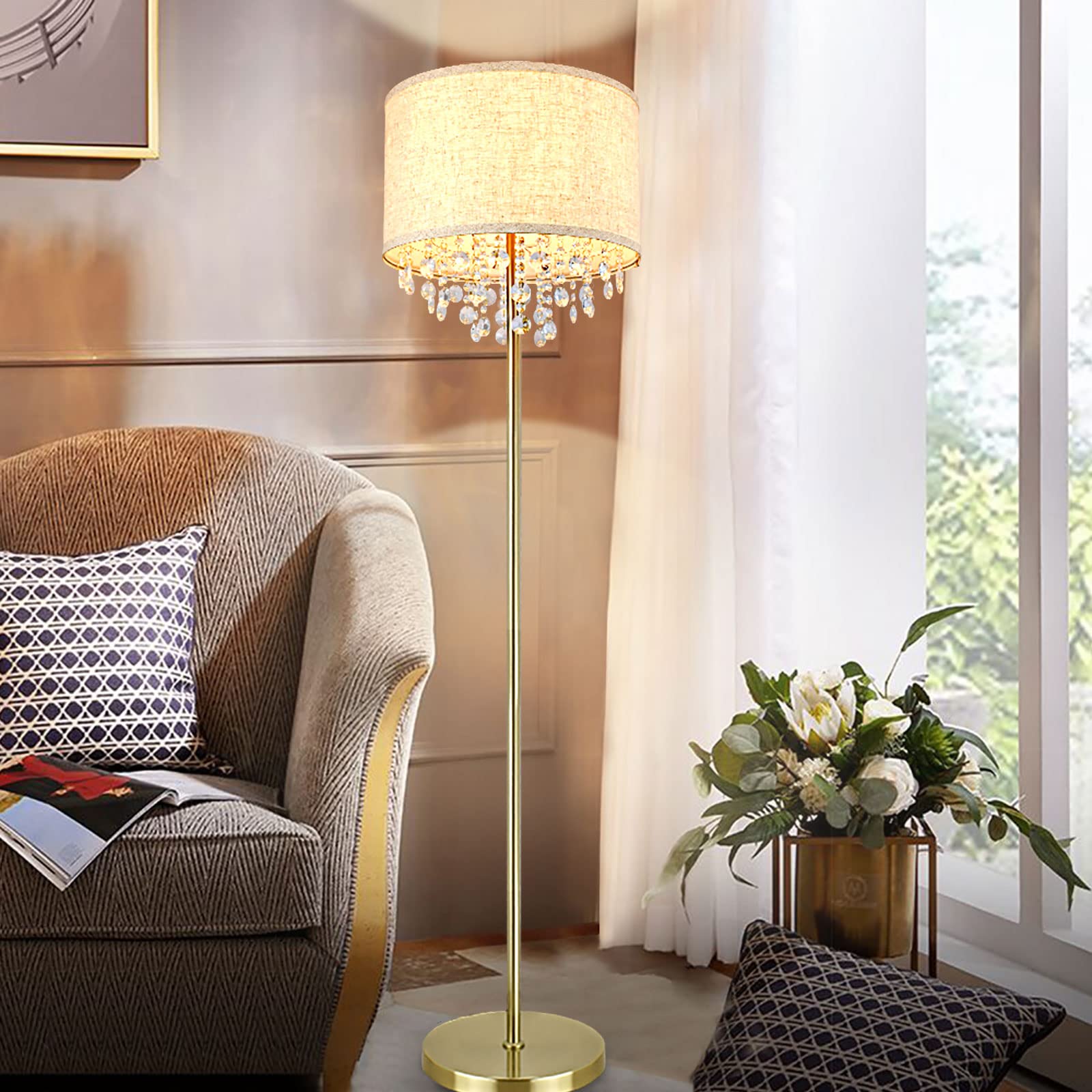 DLLT LED Floor Lamp for Living Room, Crystal Elegant Reading Standing Light for Kids Bedroom, Suit Mid Century, Modern & Farmhouse Rooms, Tall Pole with Fabric Drum Shade, Brass, E26 Warm Light