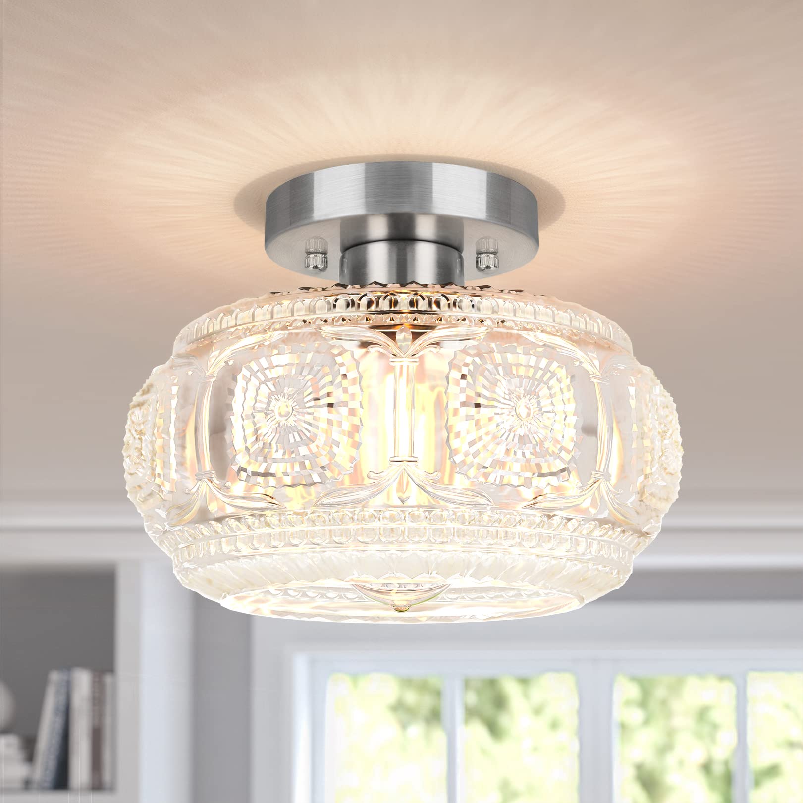 Semi Flush Mount Ceiling Light, Globe Glass Ceiling Light Fixture, Gold Modern Lighting for Hallway Porch Corridor Kitchen Bedroom, Bulb Not Included