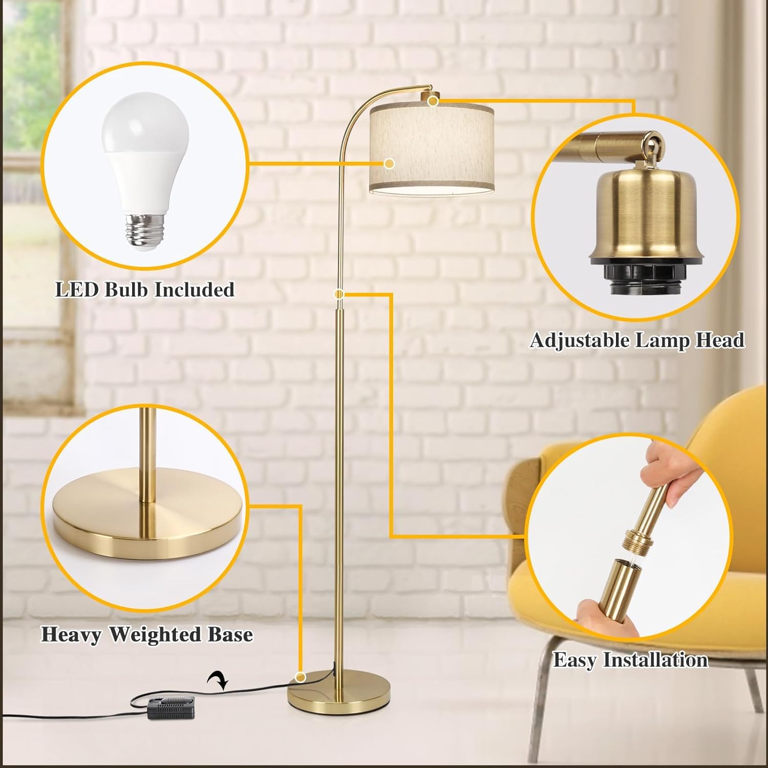 LED Floor Lamp Fully Dimmable Modern Standing Lamp Arc Floor Lamp with Adjustable Drum Shade, Gold Tall Pole Reading Lamp Corner Light for Living Room Bedroom Study Room, Bulb Included