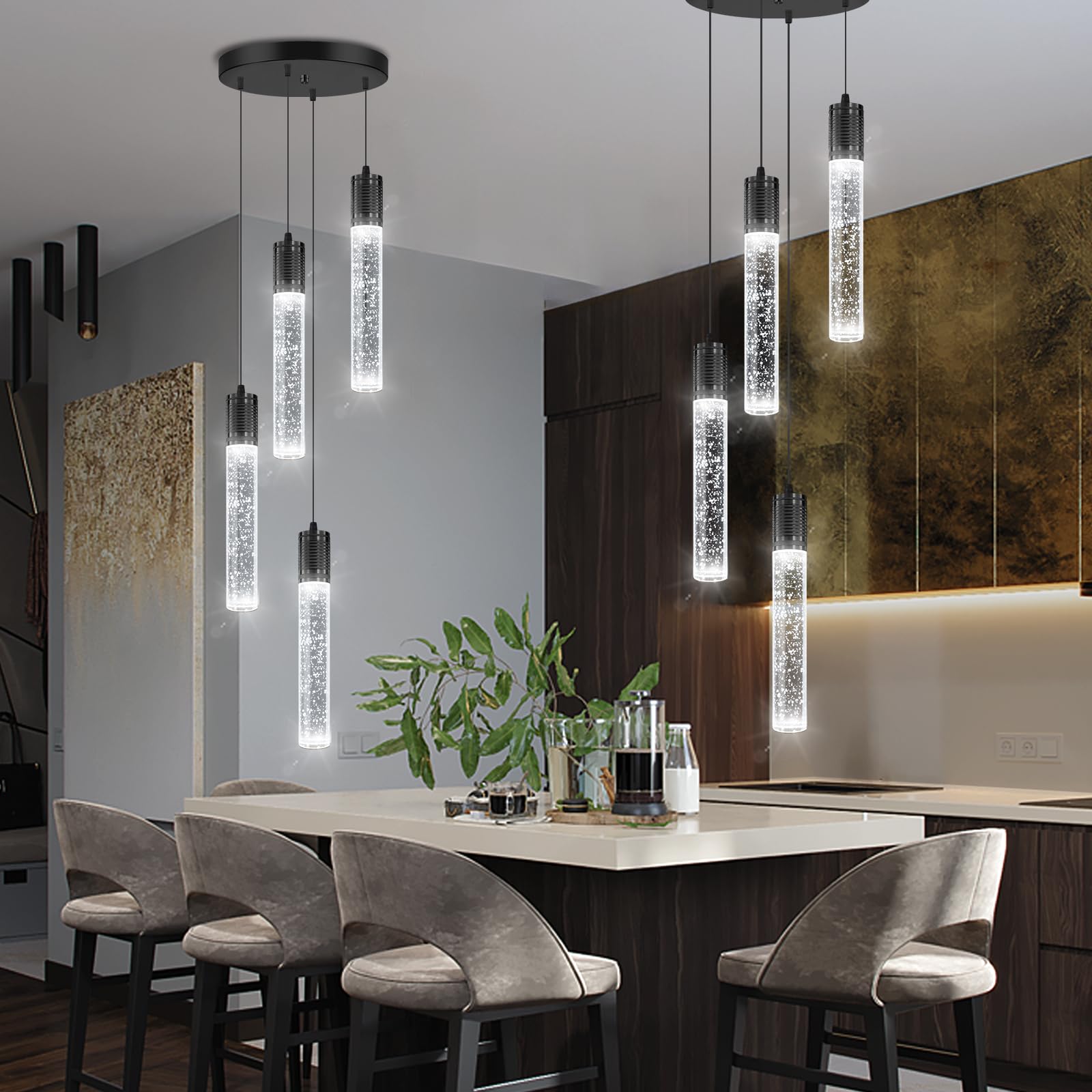 3 Lights Independent Kitchen Island Dining Room Light Pendant Light Fixtures Bubble Crystal Chandeliers Modern Kitchen Island Lighting Chandeliers Fixtures LED Lampara, 6000K LED Bulbs Included