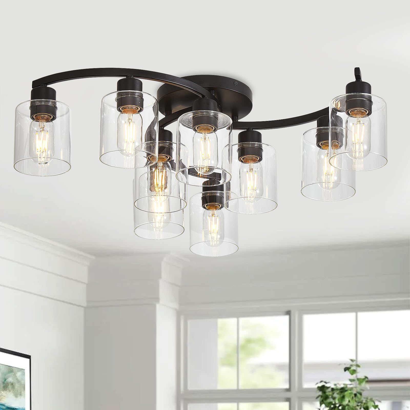 Semi Flush Mount Ceiling Light, 3-Light Close to Ceiling Light Fixtures, Black Kitchen Light Fixtures with Clear Glass Shades, Hallway Light Fixtures Ceiling Mount for Foyer Entryway