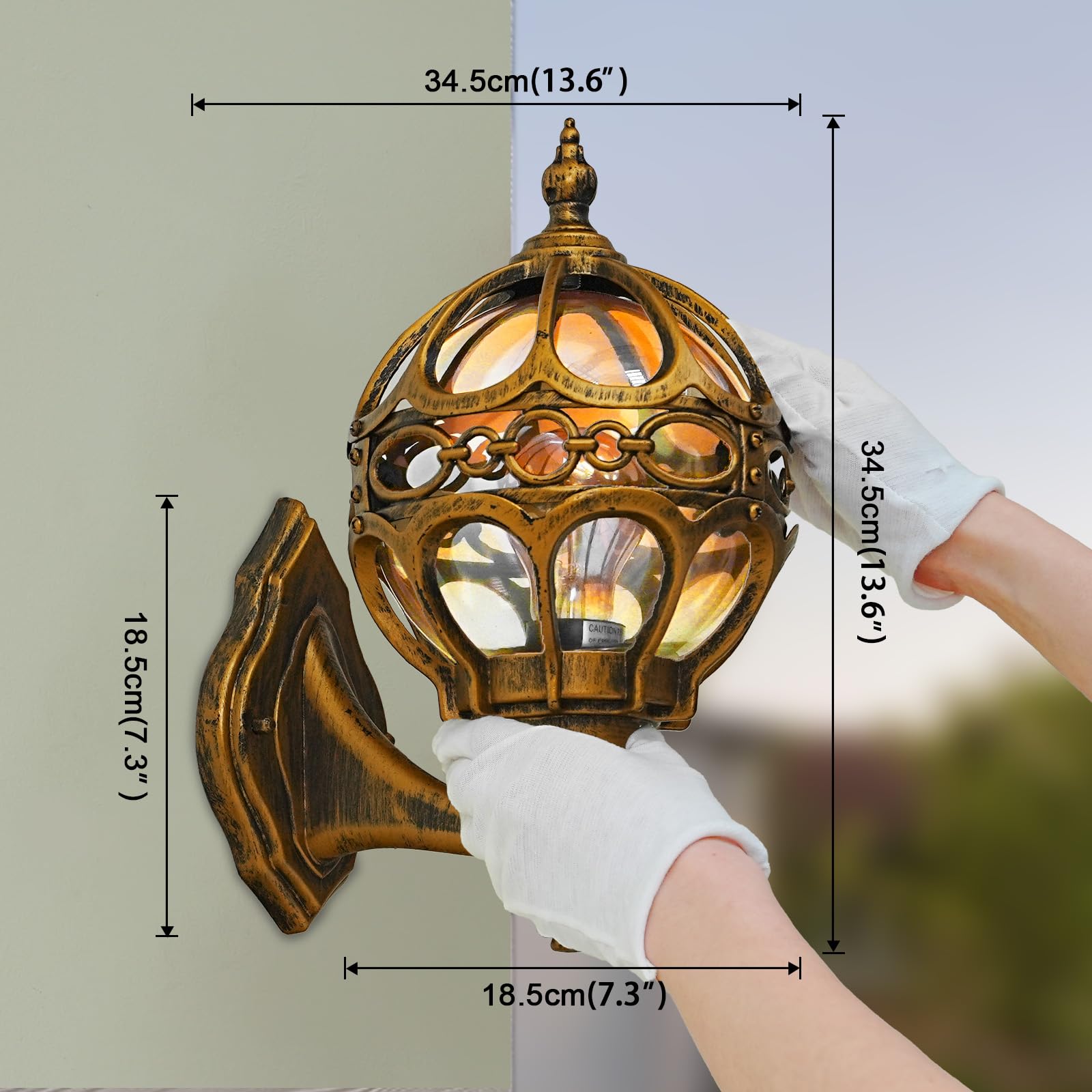 Gold Globe Outdoor Wall Light Fixtures for Garage Porch Patio House Garden Hallway Front Door, Sphere Anti-Rust Exterior Wall Sconces Lanterns, Aluminum 2 Pack Wall Mount Soccer Ball Lamp