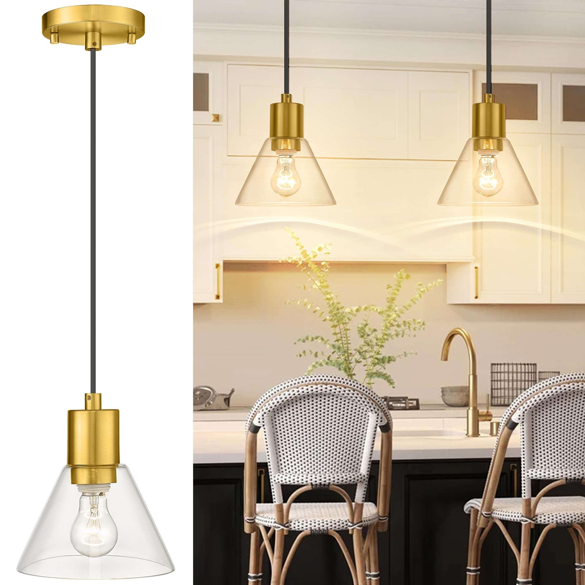 1-Light Gold Glass Pendant Light, Modern Kitchen Pendant Hanging Light with Clear Glass Shade in Gold Finish, LMS-103