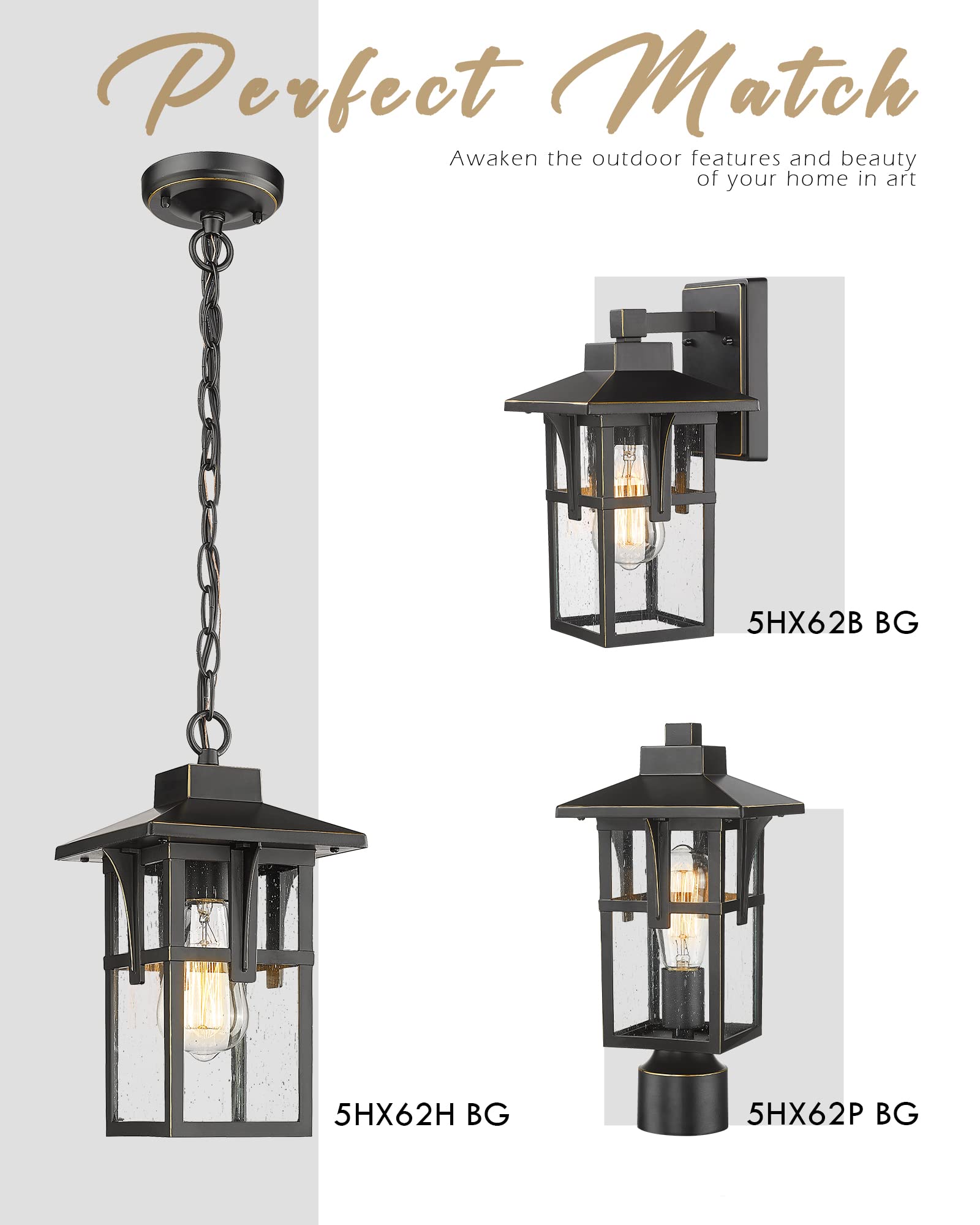 Outdoor Pendant Lights for Porch, HWH Exterior Hanging Porch Light, Farmhouse Outdoor Pendant Lighting with Height Adjustable Chain, Seeded Glass Shade, Matte Black Finish with Gold Edge, 5HX62H BG