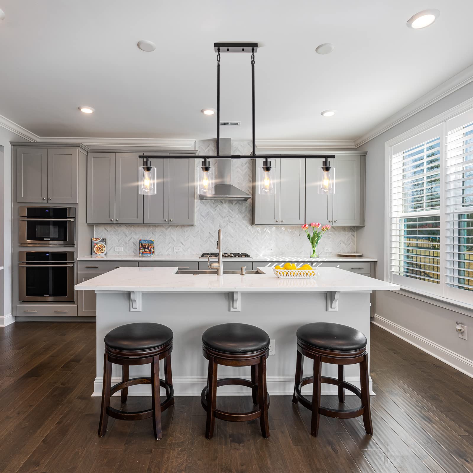 Kitchen Island Lighting, 3 Lights Linear Chandeliers Rectangle Pendant Light Fixtures for Dining Room Farmhouse Hanging Light with Glass Shades Hanging Lights - Gold