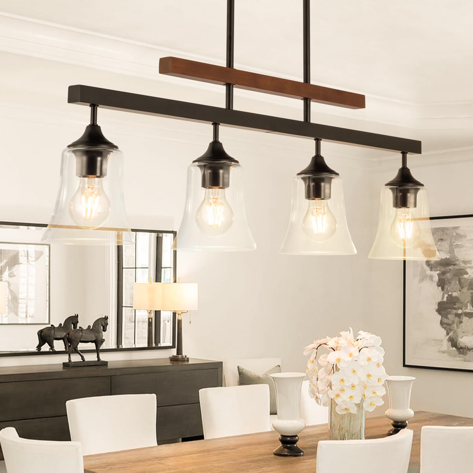 Farmhouse Dining Room Light Fixture Over Table, 4-Light Kitchen Island Lighting, Rustic Wood Linear Chandeliers with White Fabric Shade, Matte Black Hanging Pendant Light Fixtures