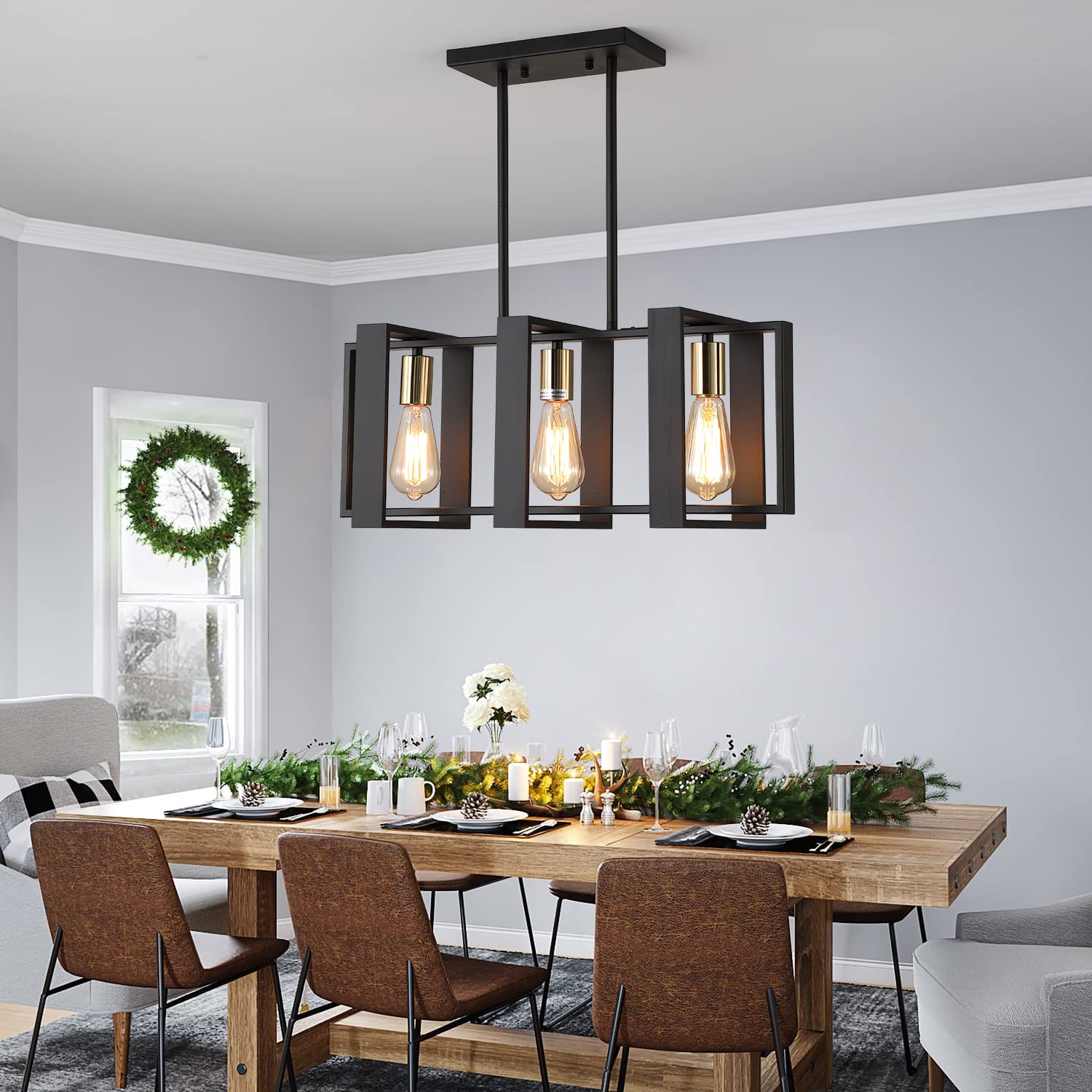 9MMML 3 Lights Kitchen Island Lighting, Modern Rectangle Linear Pendant Light, Black Frame+ Gold Socket Chandelier for Dining &Living Room Foyer Entryway Hallway,E26,Height Adjustable.