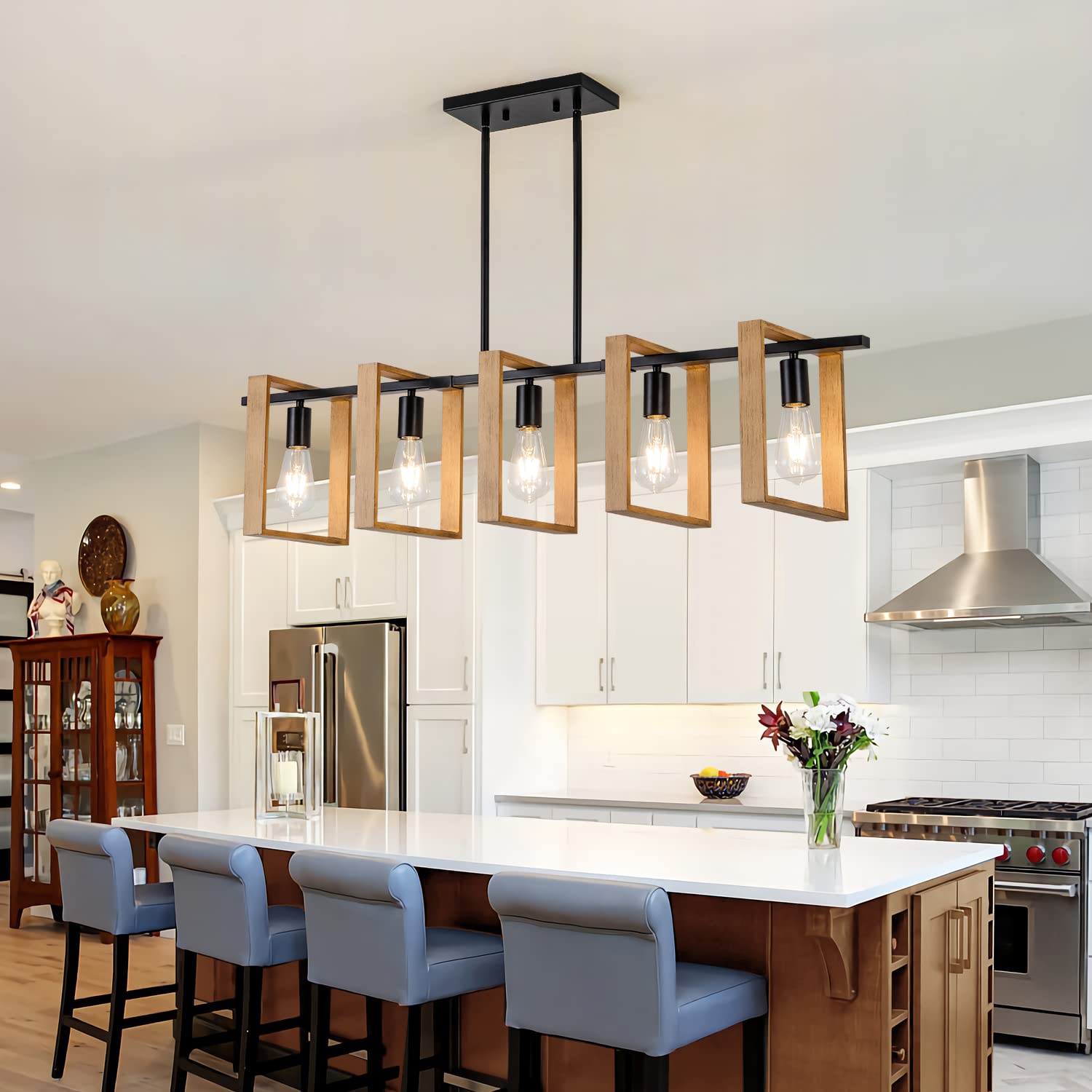 Farmhouse Kitchen Island Lighting Black Chandeliers for Dining Room Wooden Island Lights,Industrial Rectangle Light Fixtures Ceiling Hanging (4 Lights)