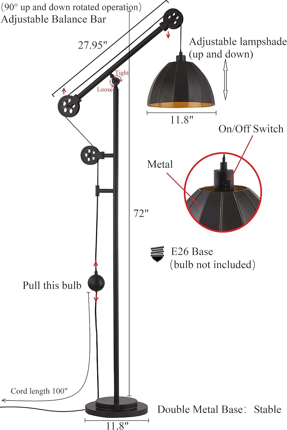 Industrial Counterweight Pulley Floor Lamp with Adjustable Metal Shade Rustic Deep Bronze Floor Lamps for Living Room,Bedrooms,Office,Reading Farmhouse Tall Standing Lamp Modern Stand Up Lamp