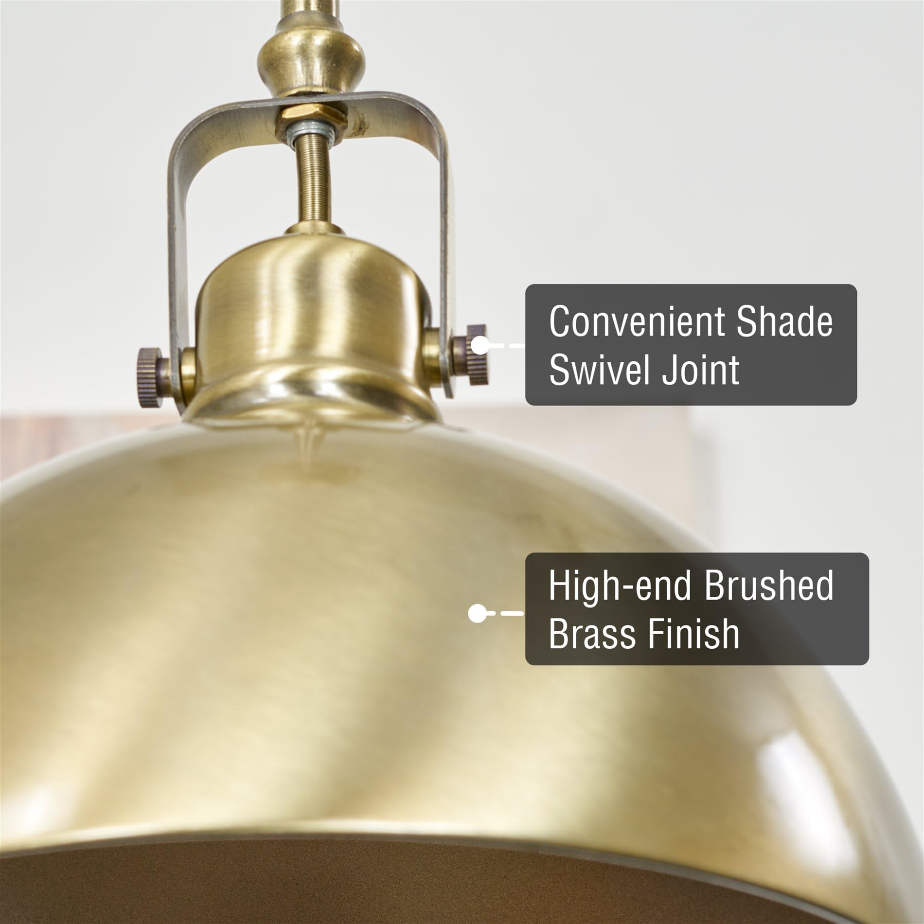 9" Contemporary Industrial Pendant Light, Adjustable Length + Shade Swivel Joint, Brushed Brass Finish