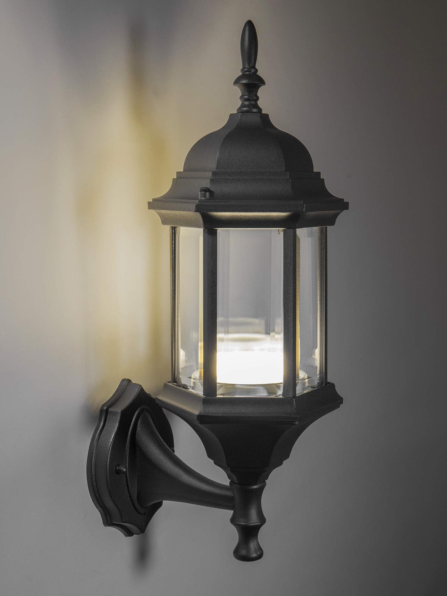 Small Straight Hex Pendant Mount LED Lantern for Porch, Patio, Deck, Damp Location, Built in LED Gives 75W of Light from 9.5W of Power, Durable Cast Aluminum with Black Finish & Clear Glass