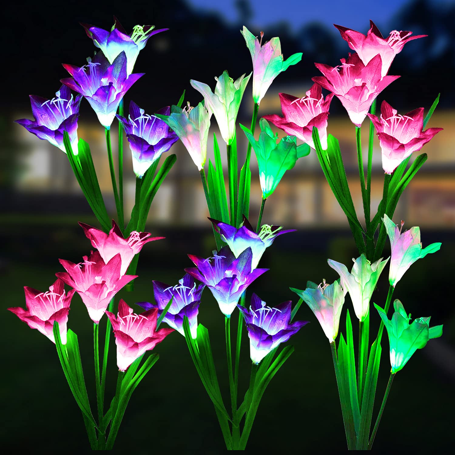 Solar Lights Outdoor Garden Decorative Flowers 6 Pack, Waterproof Solar Garden Lights with 24 Lily Flowers, Multi-Color Changing LED Solar Powered Landscape Lights for Yard Garden Patio