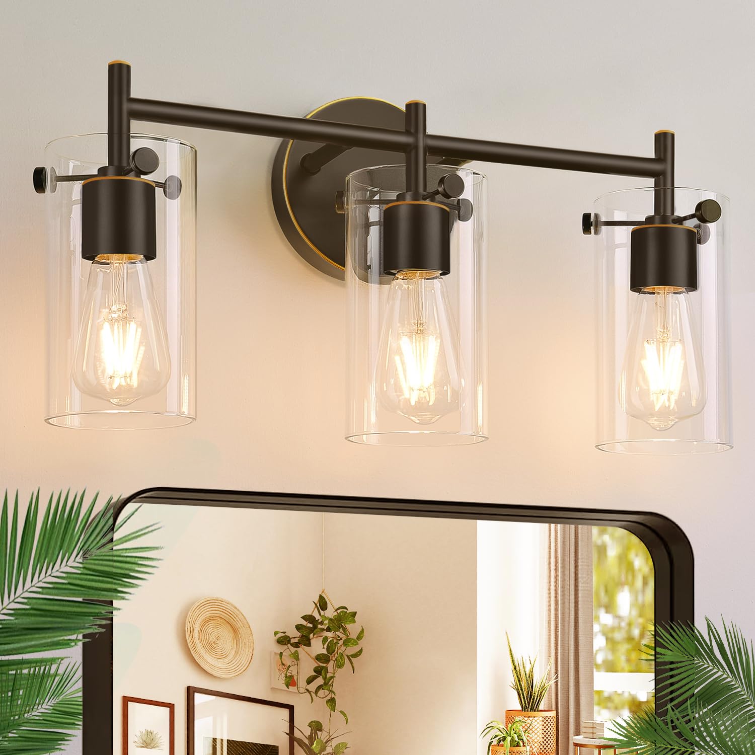 Bathroom Light Fixtures 2023 Upgrade, 3-Light Matte Black Bathroom Vanity Light, Black Bathroom Lights Over Mirror with Clear Glass Shade, Bathroom Wall Sconces for Mirror Bedroom Living Room Hallway