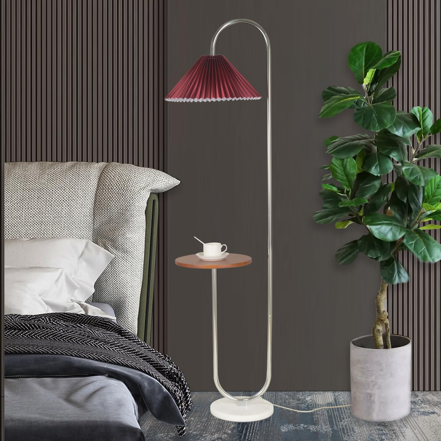 Modern Elegant with Tray Floor Lamp for Office Cafe Den Living Room Bedroom, Foot Switch and Brass/Gold Finish,Light Yellow Pleated Cloth Lampshade