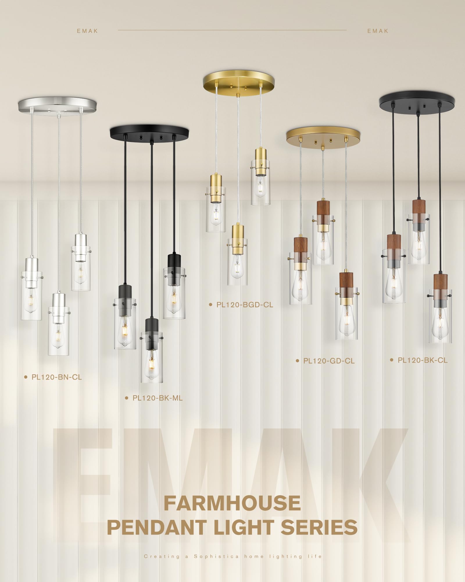 Emak Gold Pendant Light Fixtures, 3-Light Pendant Lights with Clear Glass Shade, Modern Farmhouse Hanging Lights for Kitchen Island, Dining Room, Bathroom, Bedroom, PL120-GD-CL