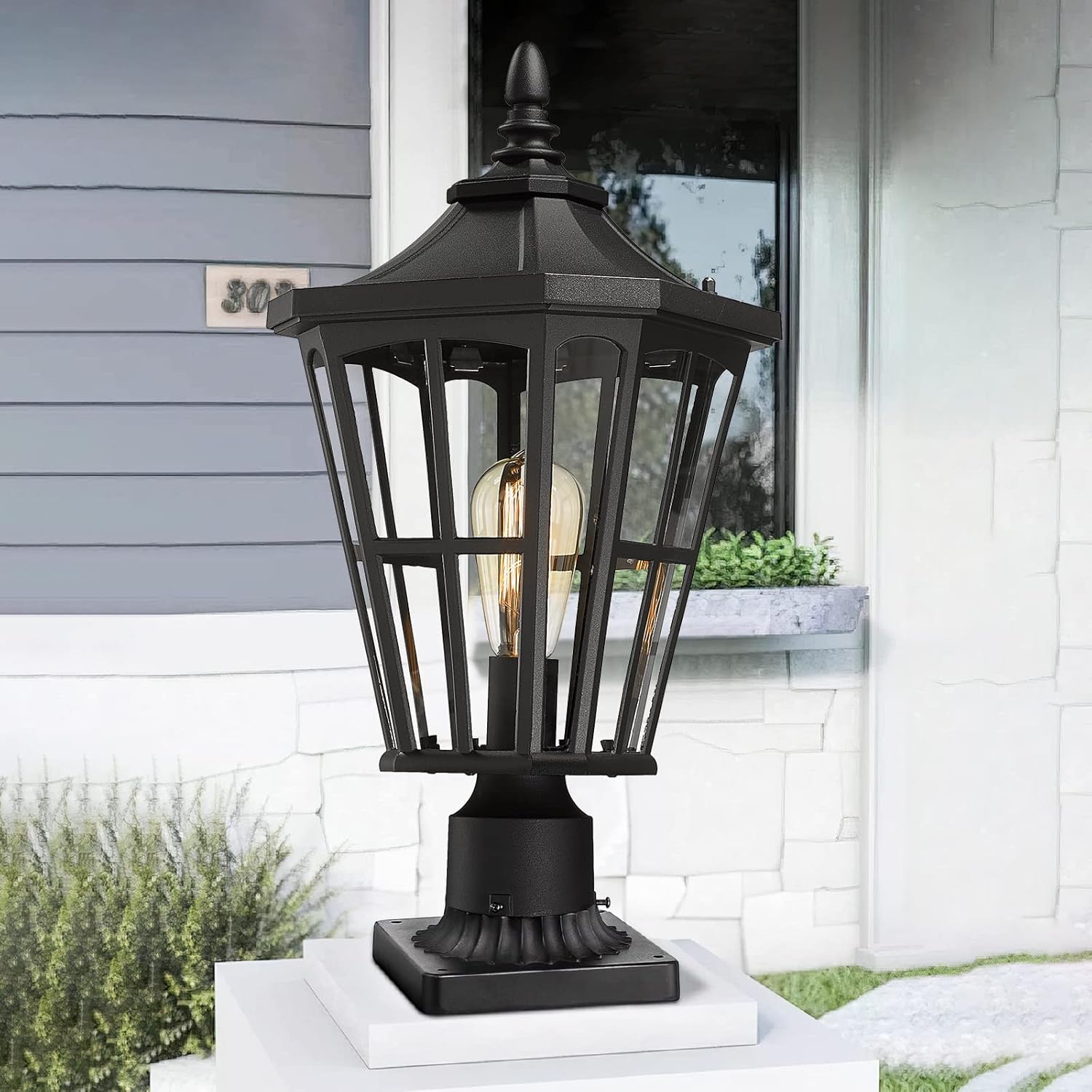 Farmhouse Outdoor Hanging Light for Porch - 16 Inch Large Exterior Pendant Light, Clear Glass Shade in Black Finish, XE221H BK