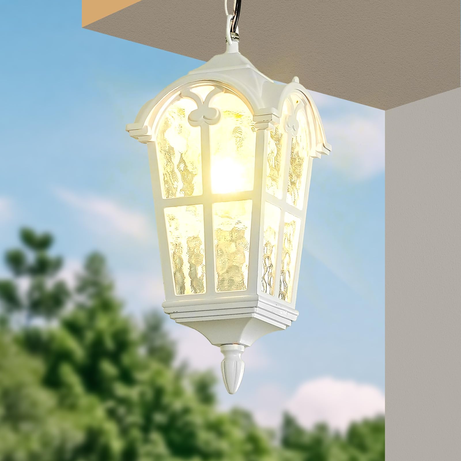 Gold Outdoor Pendant Light fixtures for Patio Foyer Entryway, Anti-Rust Waterproof Exterior Hanging Porch Light with Crack Glass Adjustable Chain Aluminum Outside Ceiling Lights(1 Pack)