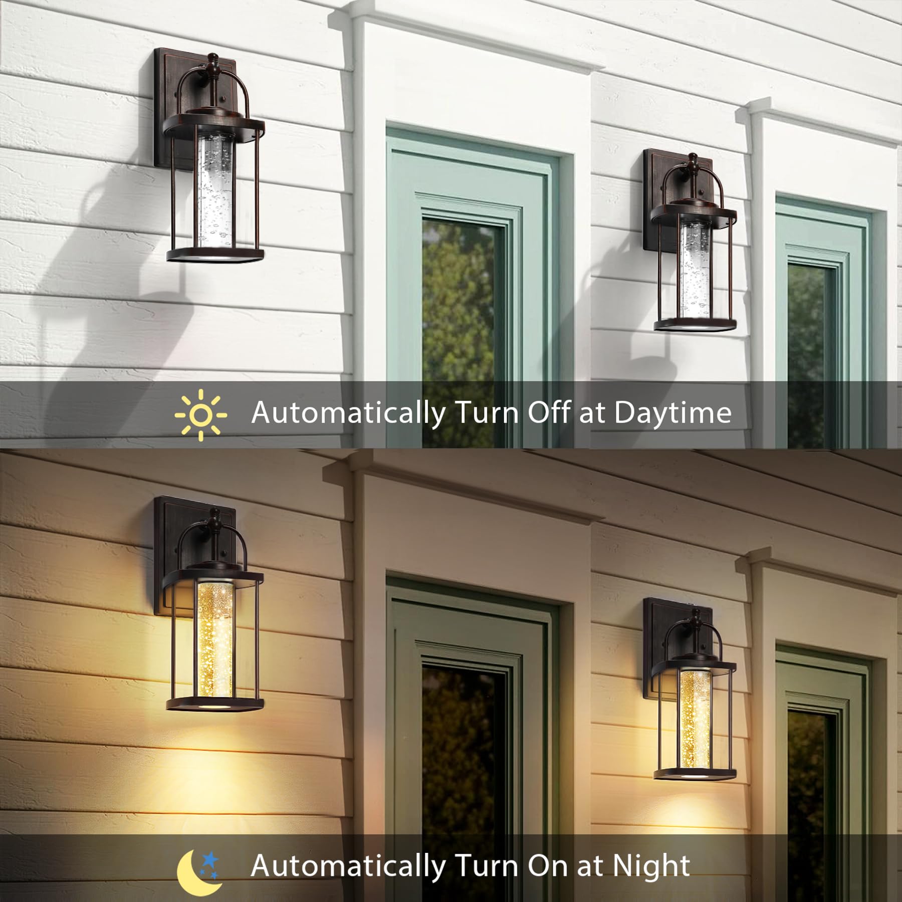 2 Pack Dusk to Dawn Exterior Lighting Fixtures, 10W LED Modern Outdoor Wall Lights Sconce with Crystal Bubble Glass, Black Wall Mount Outdoor Porch Lighting Fixtures for House,Front Door,Garage