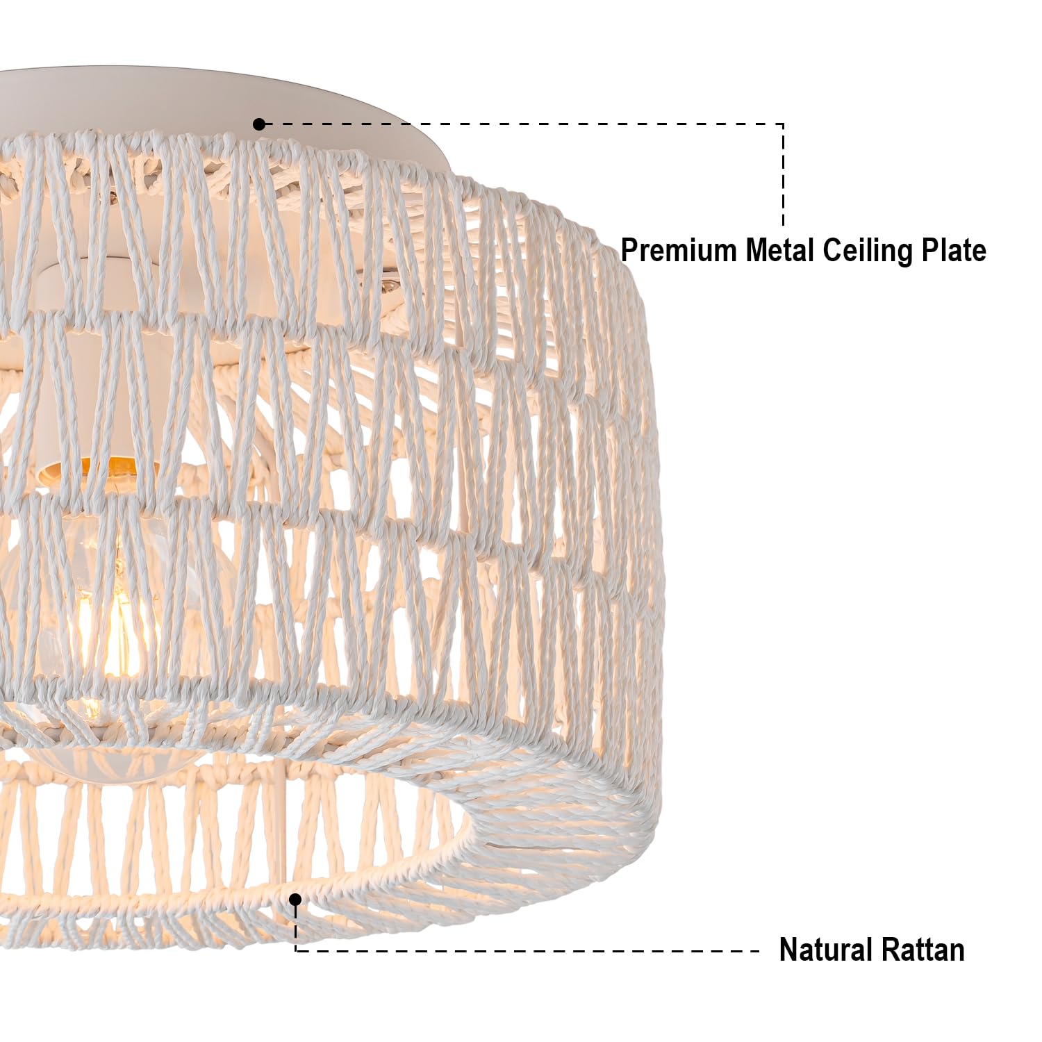 Rattan Ceiling Light Fixtures (12-Inch, LED Bulb Included), Hand-Woven Boho Flush Mount Ceiling Light, Rattan Chandelier for Hallway Kitchen Farmhouse Foyer Entryway Living Room(White)