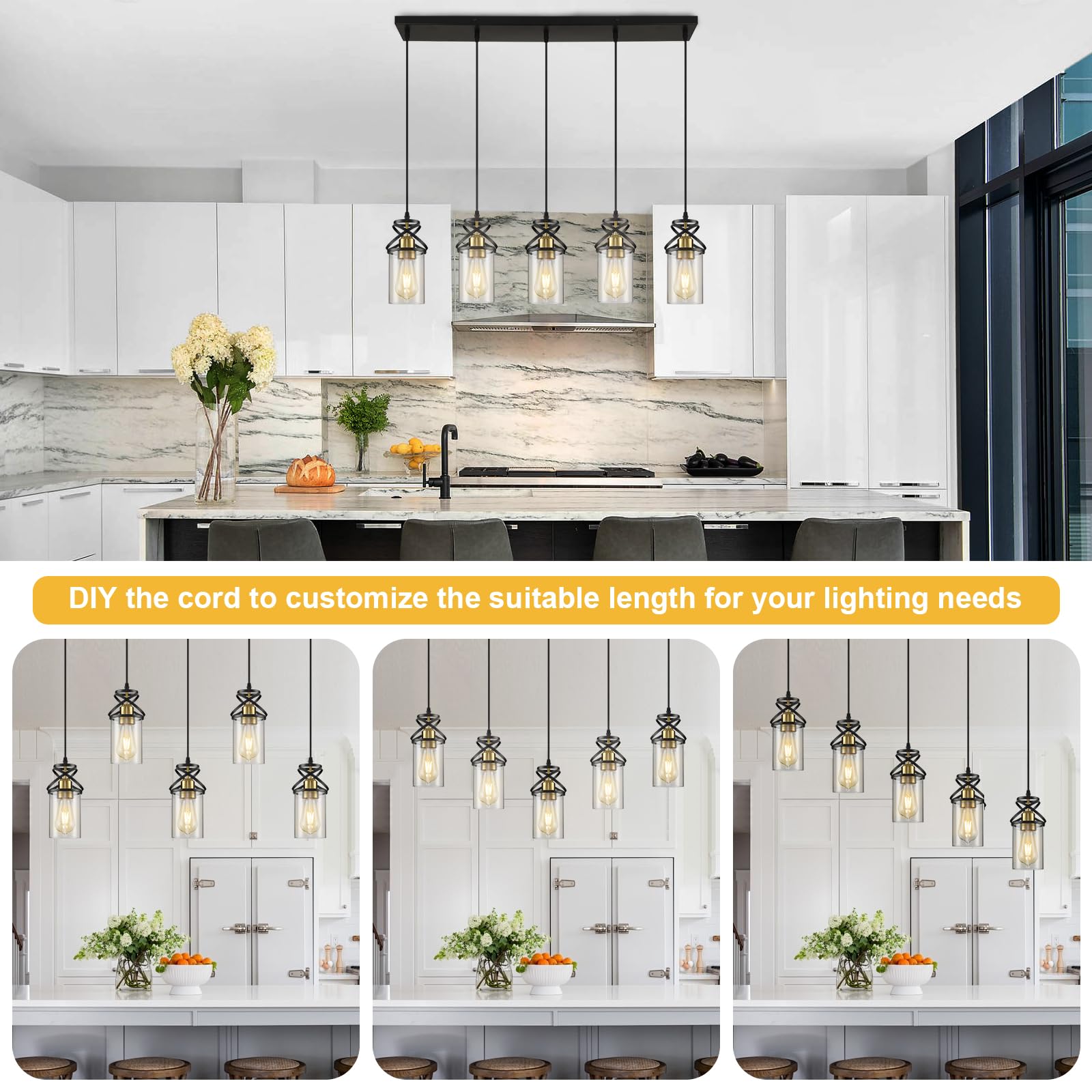 Modern Pendant Light Fixture Farmhouse Hanging Light with Clear Glass Shade, Industrial Black and Gold Pendant Lighting for Kitchen Island Dining Room Bedroom