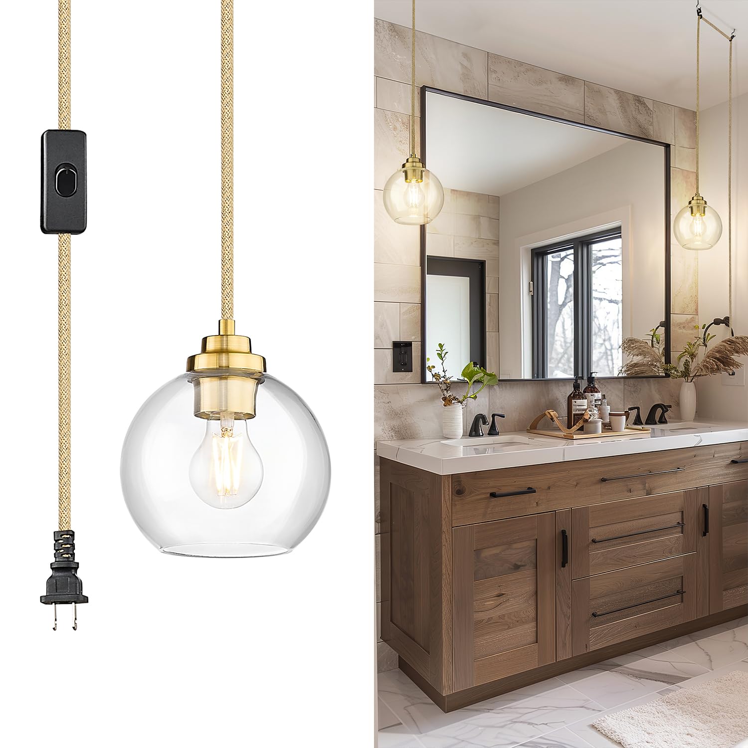 Modern Polished Gold Pendant Light, Mid Century Globe Hanging Light Fixture with Clear Glass for Kitchen Island Dining Room Bedroom Hallway Foyer (2 Pack), PL101BG-2PK