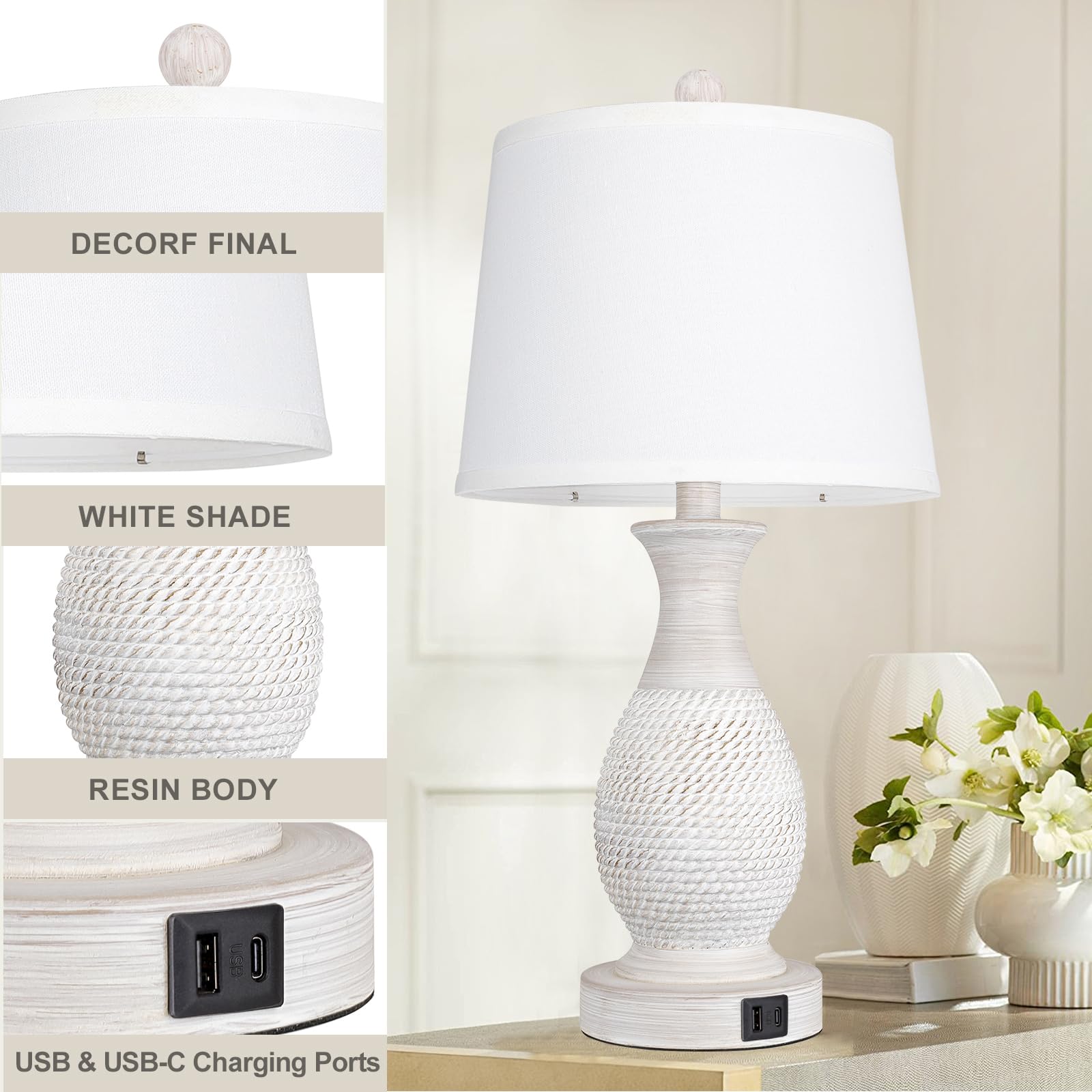 Set of 2 Table Lamps with USB C+A Fast Charging Ports, 26" Tall Farmhouse Living Room Lamp with 3-Way Dimmable Nightstand Lamp White Fabric Shade for Living Room Bedroom Home Office