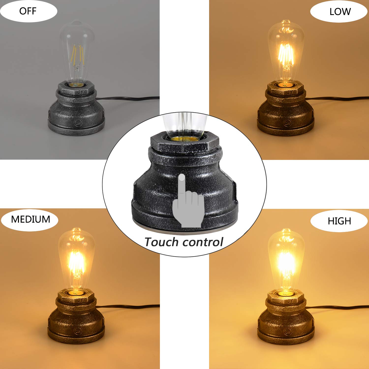 Vintage Touch Control Table Lamp,Edison 4W LED Dimmable Bulb Included,with 3 Levels of Brightness,Small Desk Industrial Night Light for Living Room Bedroom,Bronze