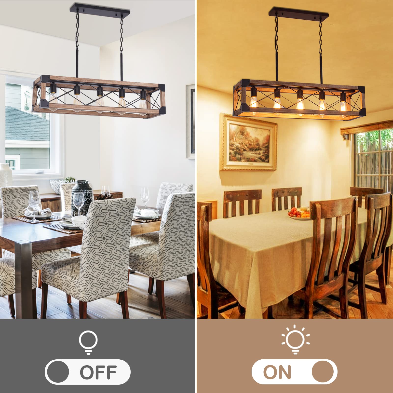 Rattan Farmhouse Chandeliers for Dining Room, Boho Kitchen Island Lighting, 5-Light Linear Chandelier Rectangle Pendant Lighting, Rustic Wood Chandeliers Black Hanging Light Fixtures for Living Room