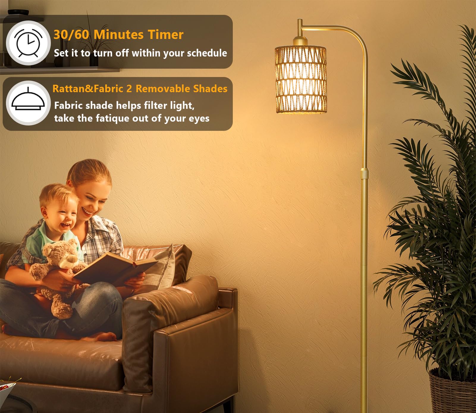 Modern Gold Floor Lamps for Living Room, Boho Rattan Floor Lamp with Remote & Dimmable LED Bulb, Farmhouse Standing Lamp with Rattan Shades, Minimalist Tall Pole Lamp for Bedroom Office