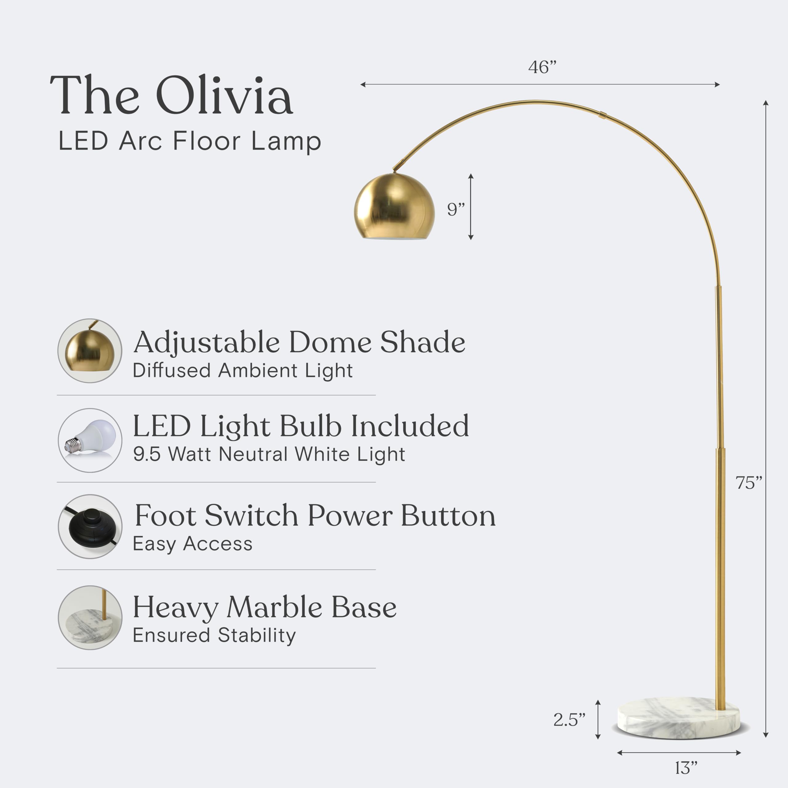 Brightech Olivia Floor Lamp, Arc Lamp for Living Rooms, Standing Lamp with LED Light Bulbs for Bedroom Reading, Great Living Room Décor, Tall Lamp for Offices – Brass/Gold