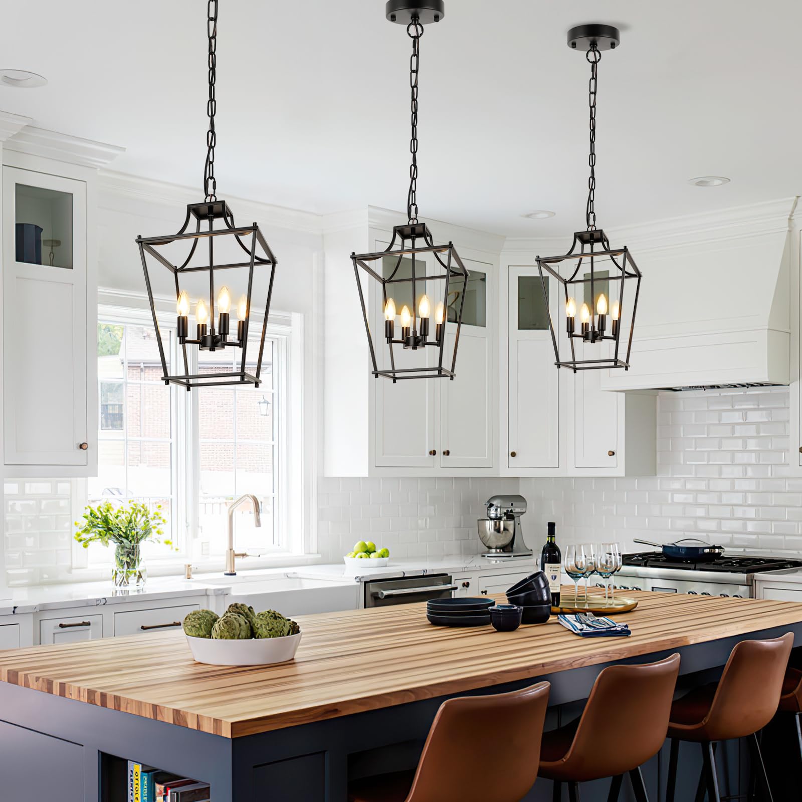 Farmhouse Kitchen Island Lighting Black Pendant Light Fixtures 4-Light Dining Room Lights Wood Chandelier Adjustable Hanging Pendant Lighting for Kitchen Island