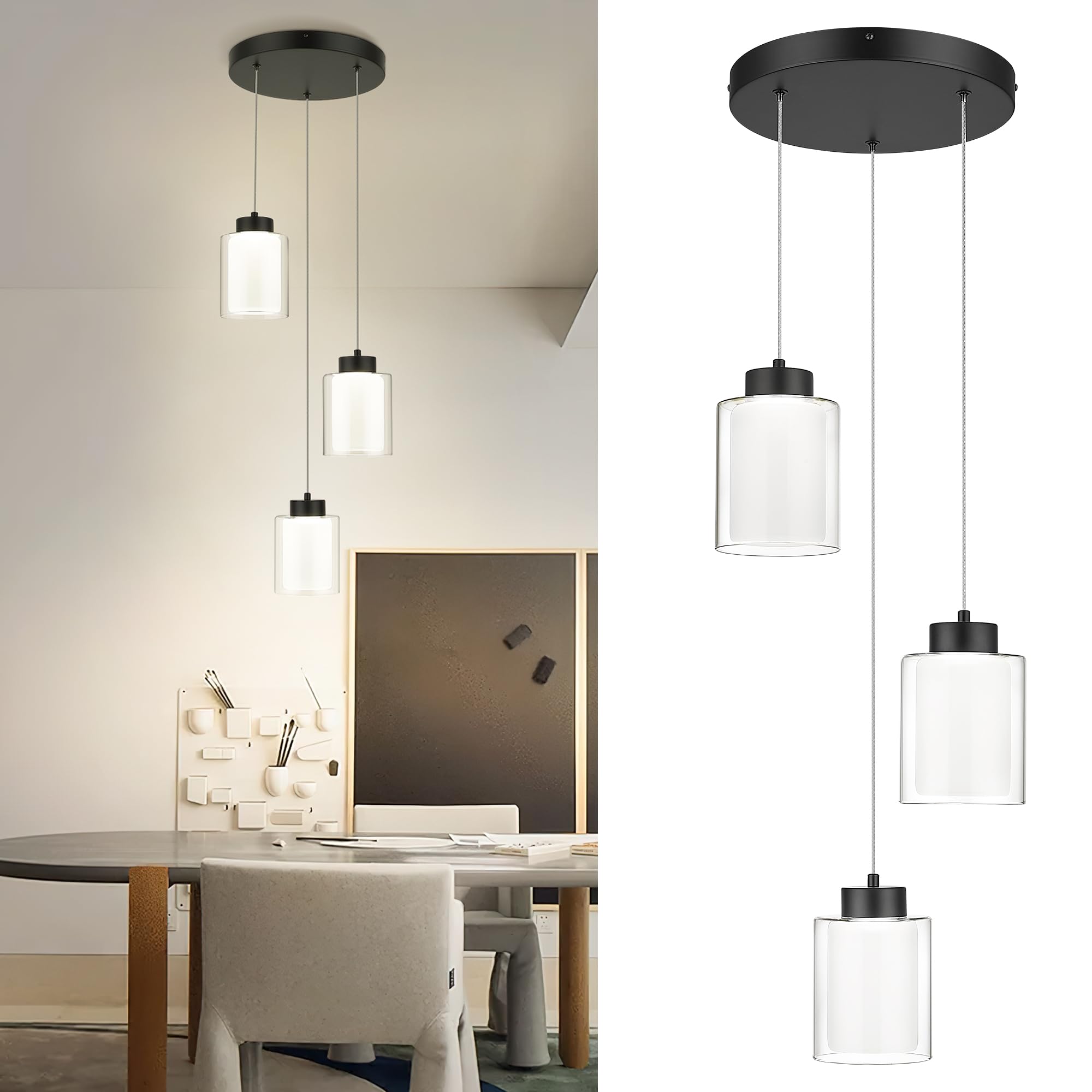 Black Pendant Light Fixtures, 3-Light Led Pendant Lights with Dual Glass Shade, Modern Cluster Hanging Lights for Kitchen Island, Bedroom, Dining Room, 3CCT Adjustable KDPL04-BK-3L