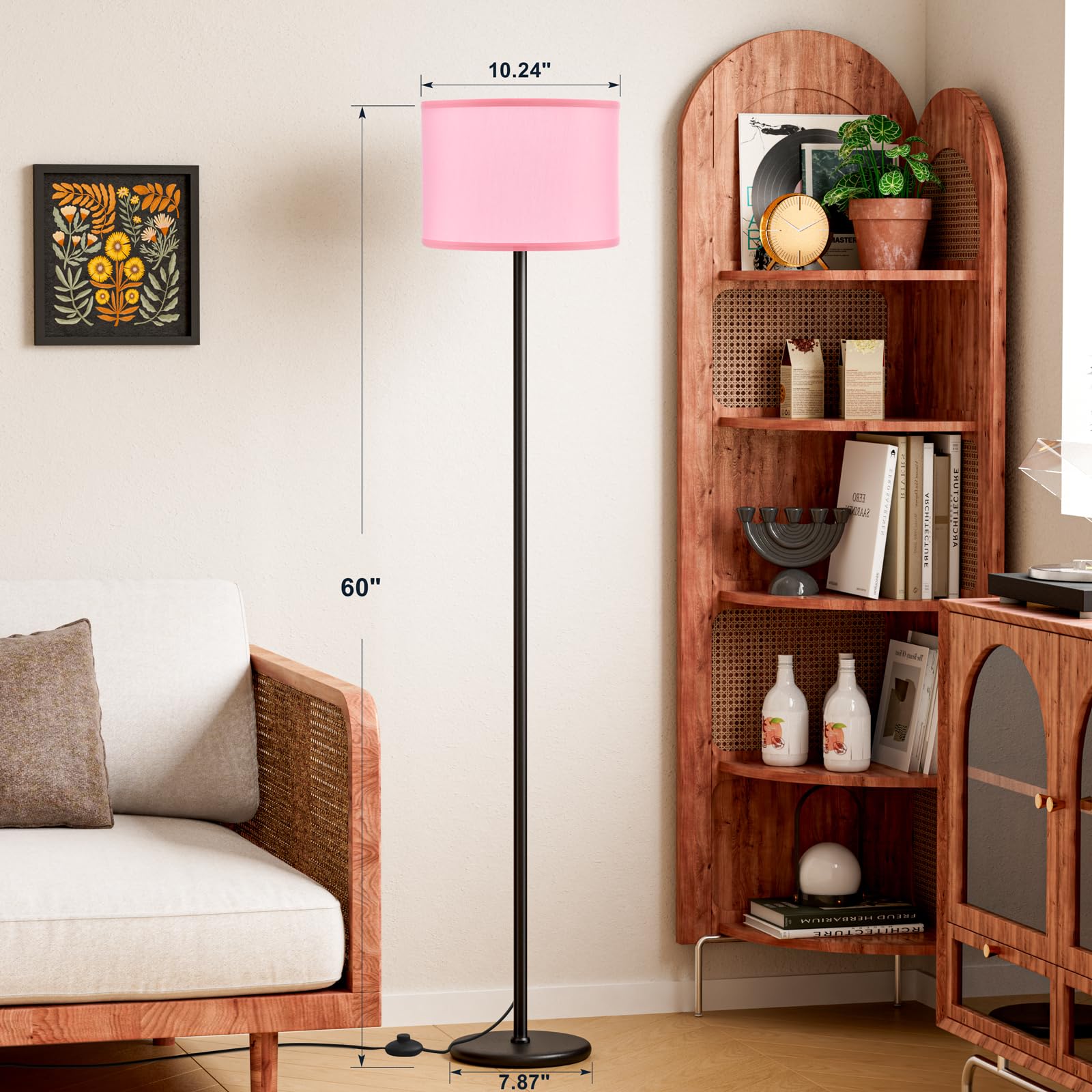 Modern Floor Lamp Simple Design with White Shade, Foot Pedal Switch, 60" Small Tall Lamps for Living Room Bedroom Office Dining Room Kitchen, Black Pole Lamp(Without Bulb)