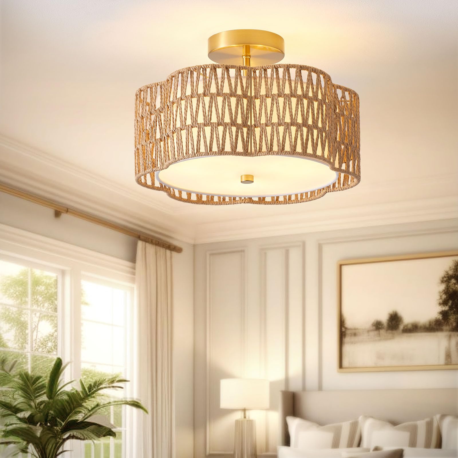 Rattan Ceiling Light Fixtures Flush Mount,3-Light Boho Light Fixtures Ceiling Mount for Bedroom,Close to Ceiling Light Modern Rattan Chandelier Lighting for Hallway Kitchen Dining Room(Yellow)